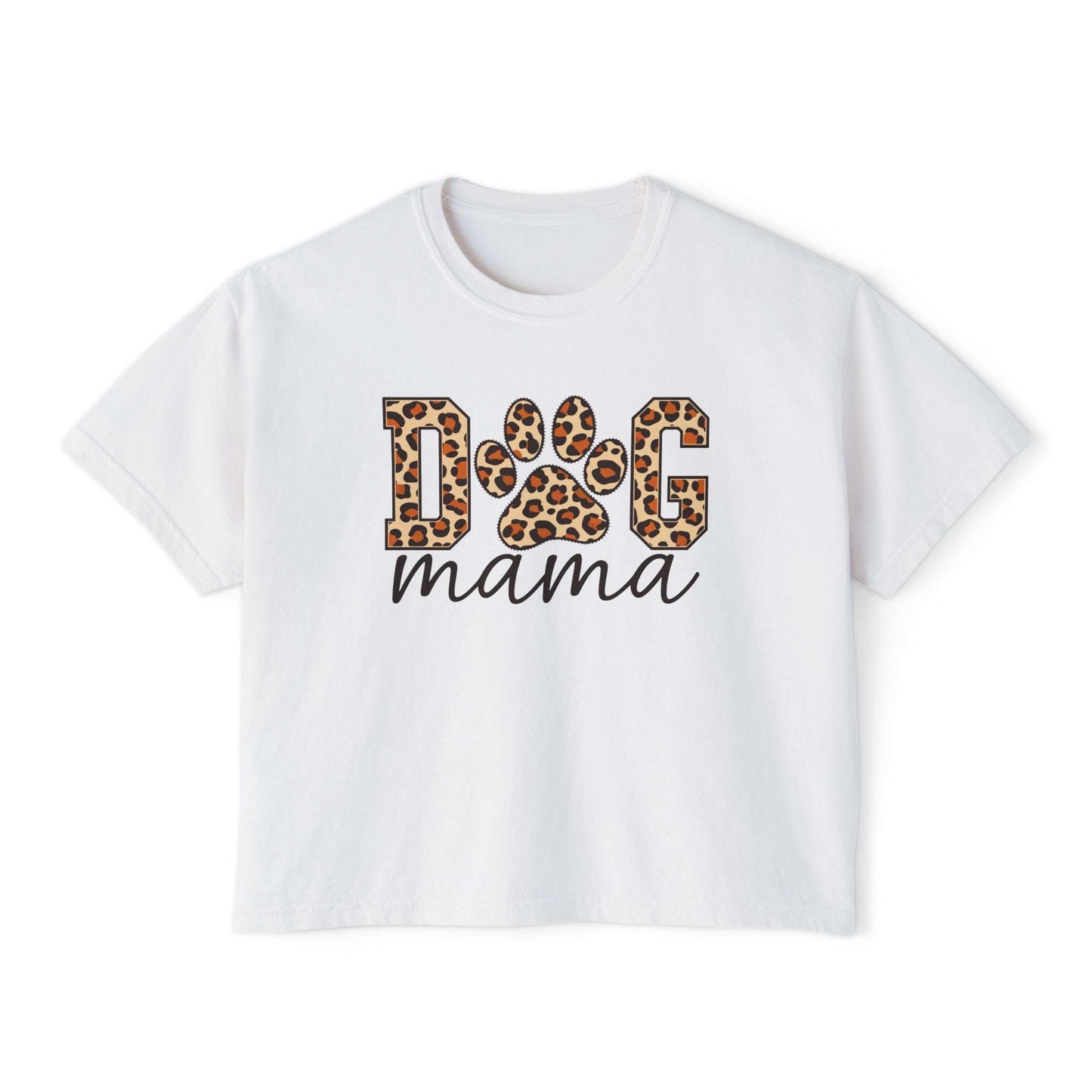 A white short-sleeve crop top t-shirt featuring a graphic print on the front that reads 'DOG mama'. The letters 'D' and 'G' are filled with a leopard print pattern, and 'mama' is written below in black cursive. Dog Mama Leopard Paw Print Women's Boxy T-Shirt Casual Wear Add playful pet-parent style to your wardrobe with the Dog Mama Leopard Paw Print Women's Boxy T-Shirt Casual Wear and its eye-catching design. Celebrate your favorite furry friend with the Dog Mama Leopard Paw Print Women's Boxy T-Shirt.