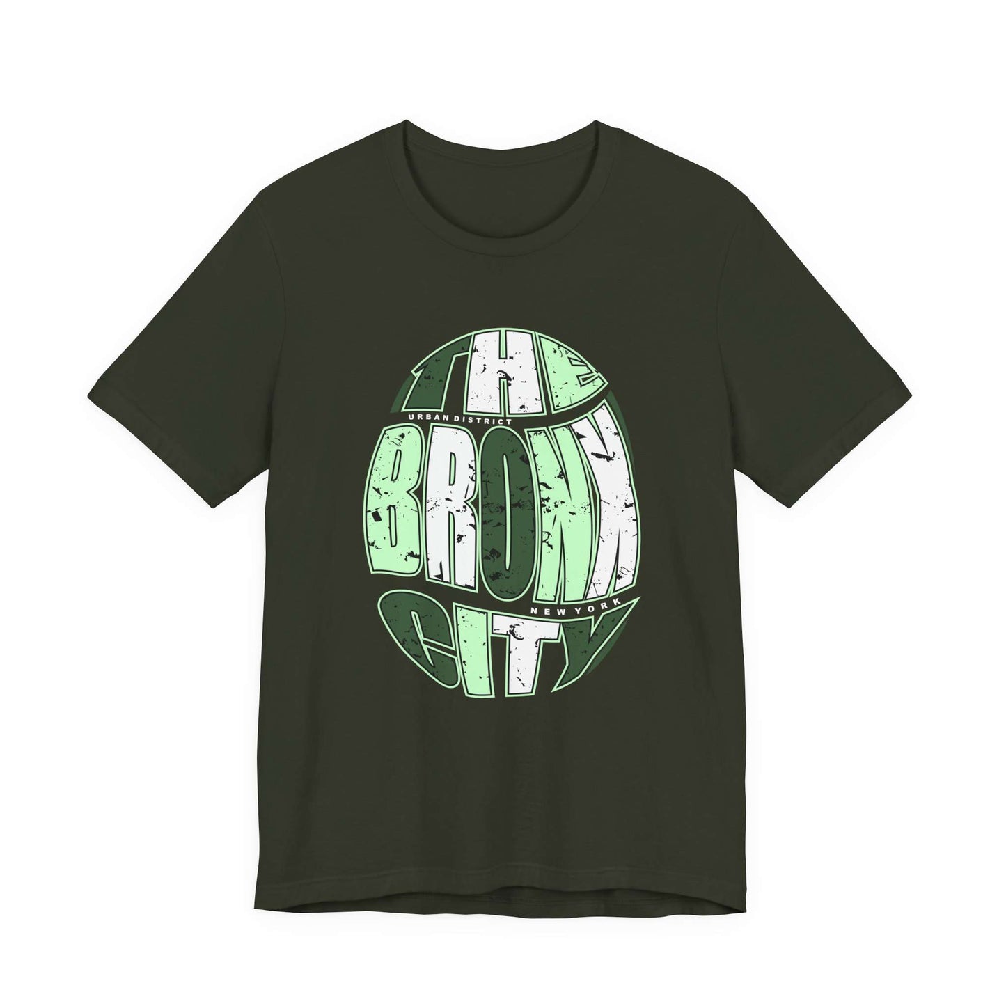 An olive green short-sleeve t-shirt with a distressed graphic on the front reading 'THE BRONX CITY' in light green and white. Vintage NYC Urban Bronx City Graphic T-Shirt Casual Wear Shop Vintage NYC Urban Bronx City Graphic T-Shirt Casual Wear for a laid-back retro look that brings Bronx-inspired energy to any outfit. Elevate your wardrobe with Vintage NYC Urban Bronx City Graphic T-Shirt Casual Wear, blending classic city vibes with effortless comfort.