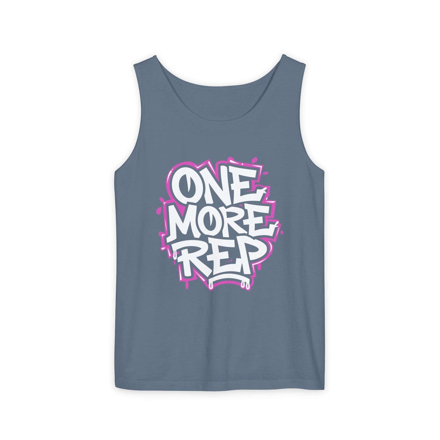 A slate blue tank top featuring a bold graphic on the chest that reads 'ONE MORE REP' in white bubble letters with a pink graffiti-style outline, displayed against a solid white background. Best Fitness Motivational Graffiti Typography Tank Top Casual Wear Shop the Fitness Motivational Graffiti Typography Tank Top for bold workout style, breathable comfort, and everyday gym inspiration.