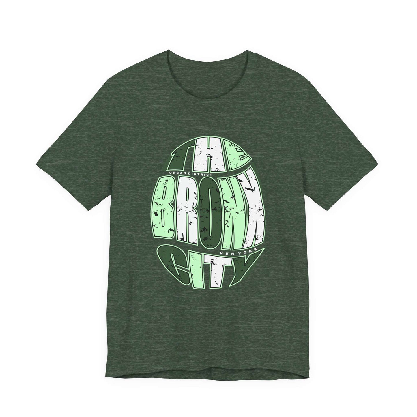 A dark green heathered short-sleeve t-shirt with a distressed graphic on the front reading 'THE BRONX CITY' in light green and white. Vintage NYC Urban Bronx City Graphic T-Shirt Casual Wear Shop Vintage NYC Urban Bronx City Graphic T-Shirt Casual Wear for a laid-back retro look that brings Bronx-inspired energy to any outfit. Elevate your wardrobe with Vintage NYC Urban Bronx City Graphic T-Shirt Casual Wear, blending classic city vibes with effortless comfort.