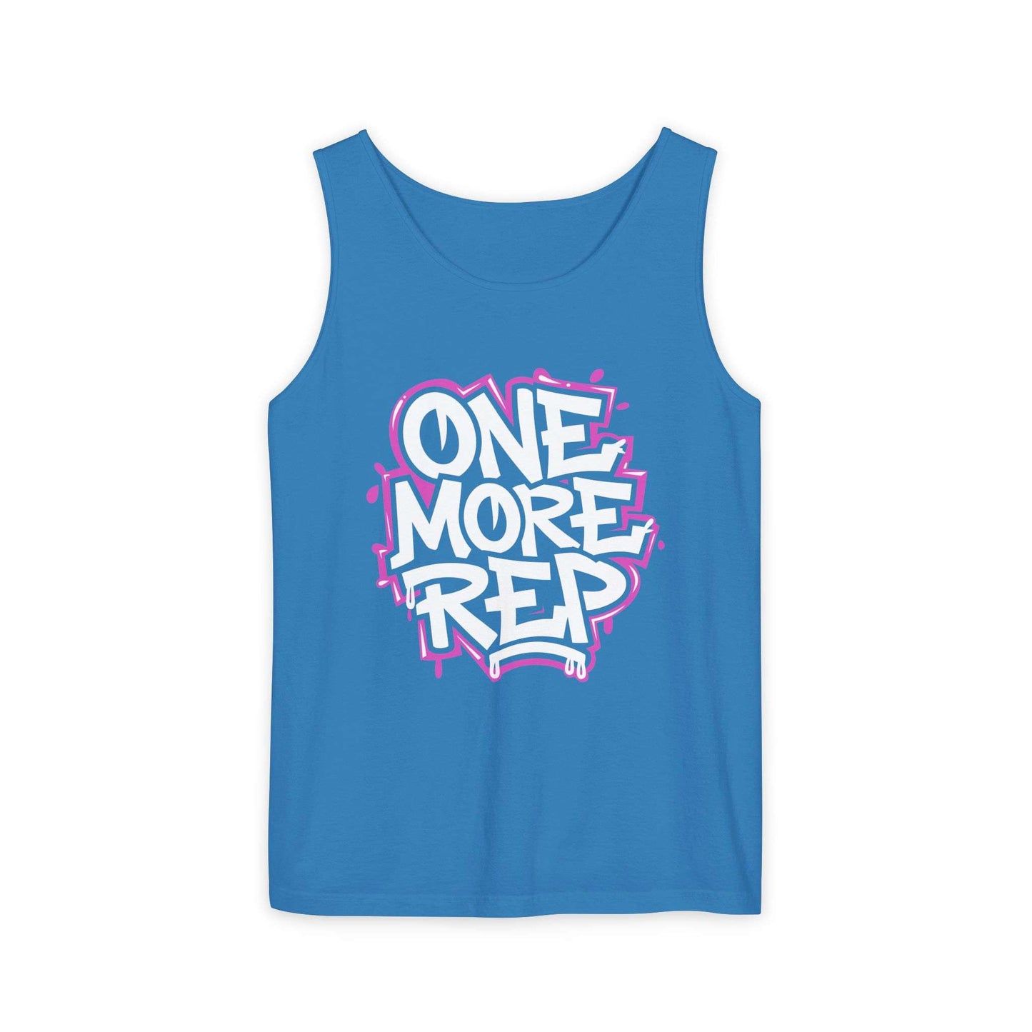 A blue sleeveless tank top with a colorful graphic on the front reading 'ONE MORE REP' in white, pink, and blue graffiti-style lettering, shown on a plain white background. Best Fitness Motivational Graffiti Typography Tank Top Casual Wear Shop the Fitness Motivational Graffiti Typography Tank Top for bold workout style, breathable comfort, and everyday gym inspiration.