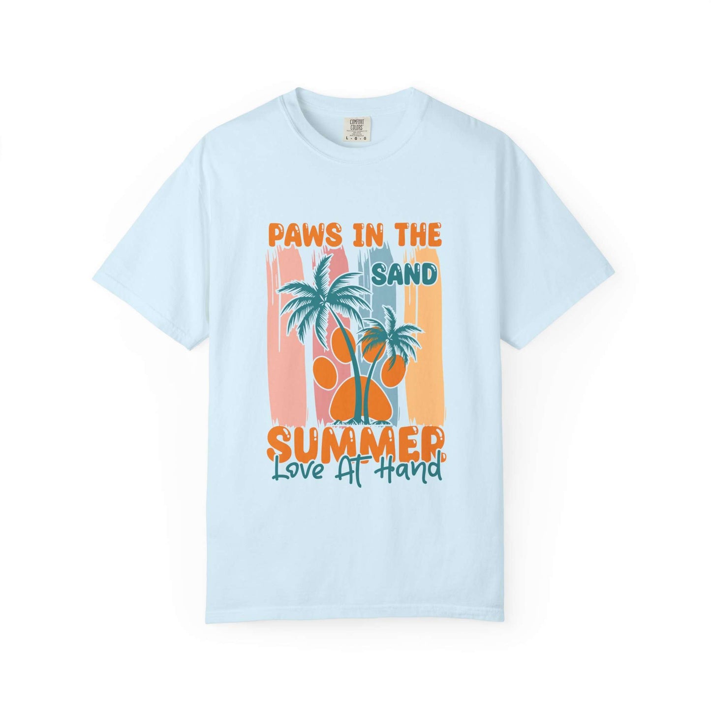 A light blue short-sleeve t-shirt with a retro-style graphic on the front featuring palm trees, a paw print, and orange text that reads 'PAWS IN THE SAND SUMMER Love IT HAND'. Buy Paws in the Sand: A Summer Love Graphic T-Shirt Casual Wear for Sale Online Shop Paws in the Sand: A Summer Love Graphic T-Shirt Casual Wear for a relaxed, beach-ready look celebrating comfort and style.
