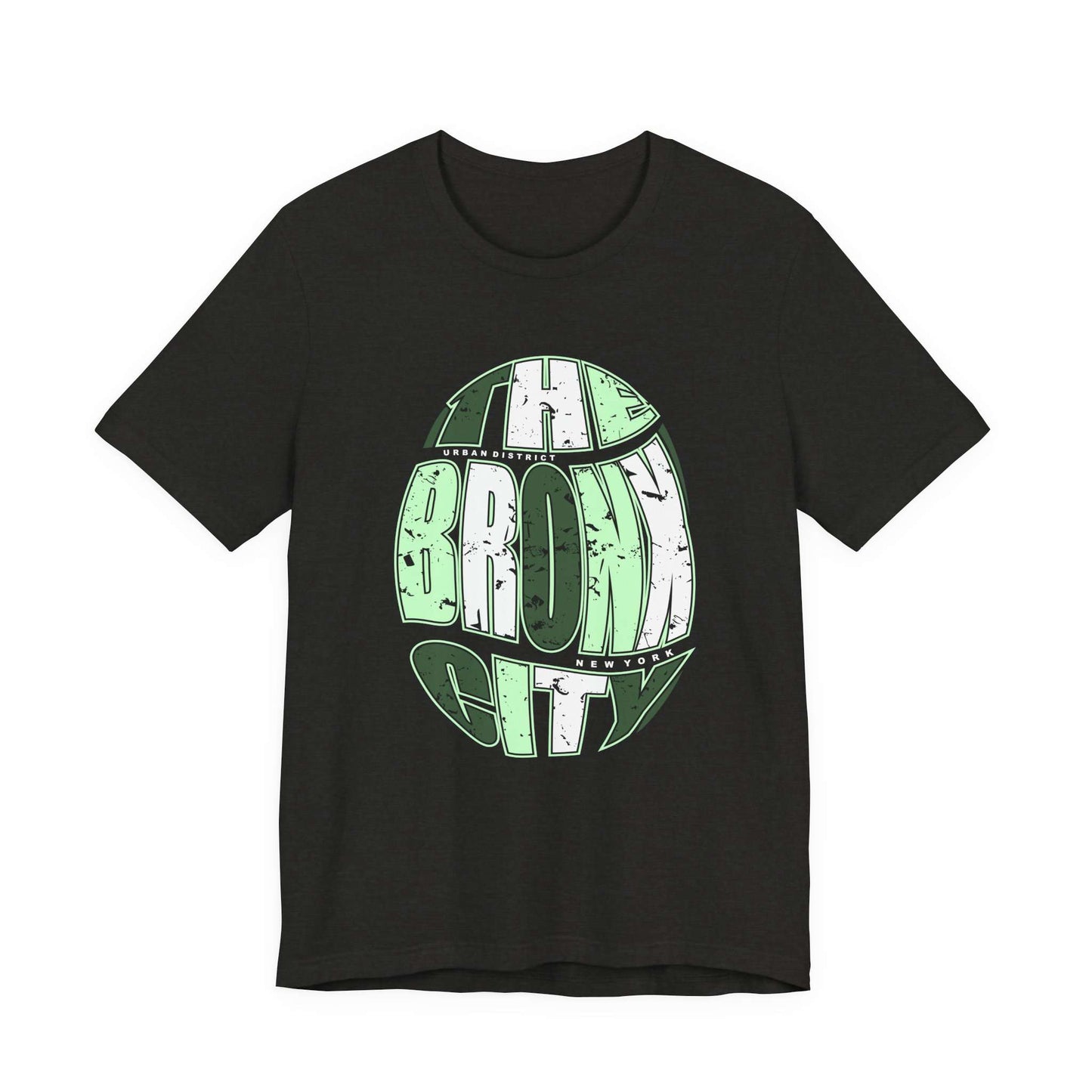 A black short-sleeve crewneck t-shirt featuring a distressed green and white graphic on the front that reads 'THE BRONX CITY'. Vintage NYC Urban Bronx City Graphic T-Shirt Casual Wear Shop Vintage NYC Urban Bronx City Graphic T-Shirt Casual Wear for a laid-back retro look that brings Bronx-inspired energy to any outfit. Elevate your wardrobe with Vintage NYC Urban Bronx City Graphic T-Shirt Casual Wear, blending classic city vibes with effortless comfort.
