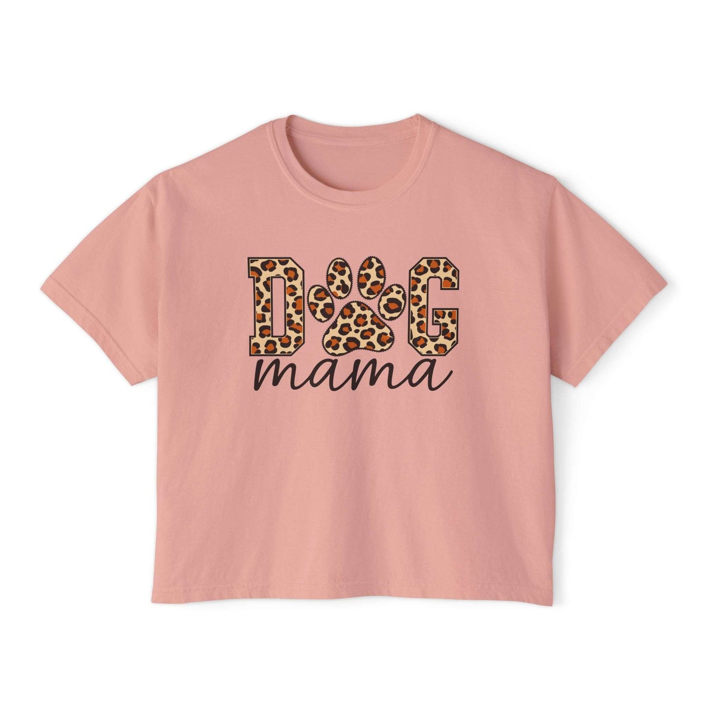 A pink short-sleeve crewneck t-shirt featuring a graphic on the front that reads 'DOG mama'. The letters 'D' and 'G' are filled with a leopard print pattern, and 'mama' is written in black cursive. Dog Mama Leopard Paw Print Women's Boxy T-Shirt Casual Wear Add playful pet-parent style to your wardrobe with the Dog Mama Leopard Paw Print Women's Boxy T-Shirt Casual Wear and its eye-catching design. Celebrate your favorite furry friend with the Dog Mama Leopard Paw Print Women's Boxy T-Shirt for Sale