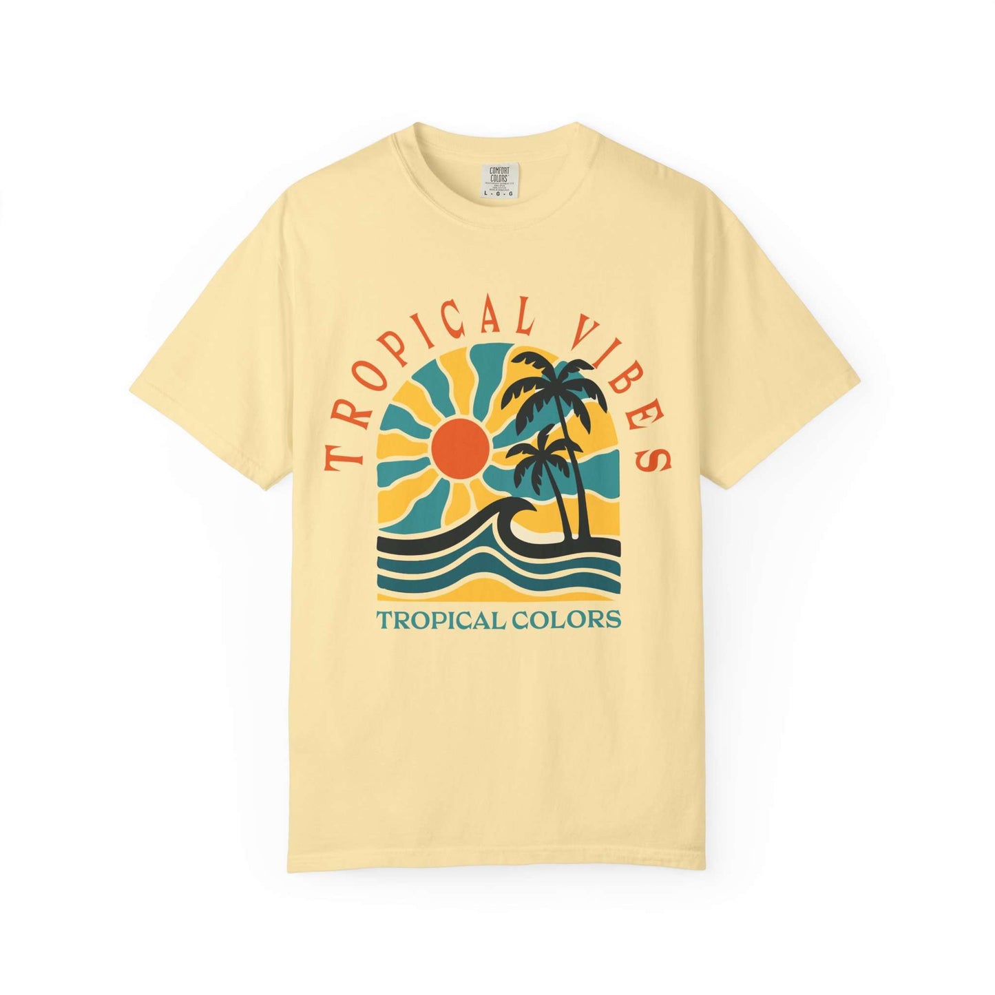 A pale yellow short-sleeve t-shirt with a retro tropical graphic on the chest featuring a sun, palm trees, waves, and the text 'TROPICAL VIBES' and 'TROPICAL COLORS'. Tropical Vibes Summer Graphic Print T-Shirt Shop Tropical Vibes Summer Beach Graphic T-Shirt Casual Wear for breezy comfort, bold island-inspired style, and effortless sunny-day looks.