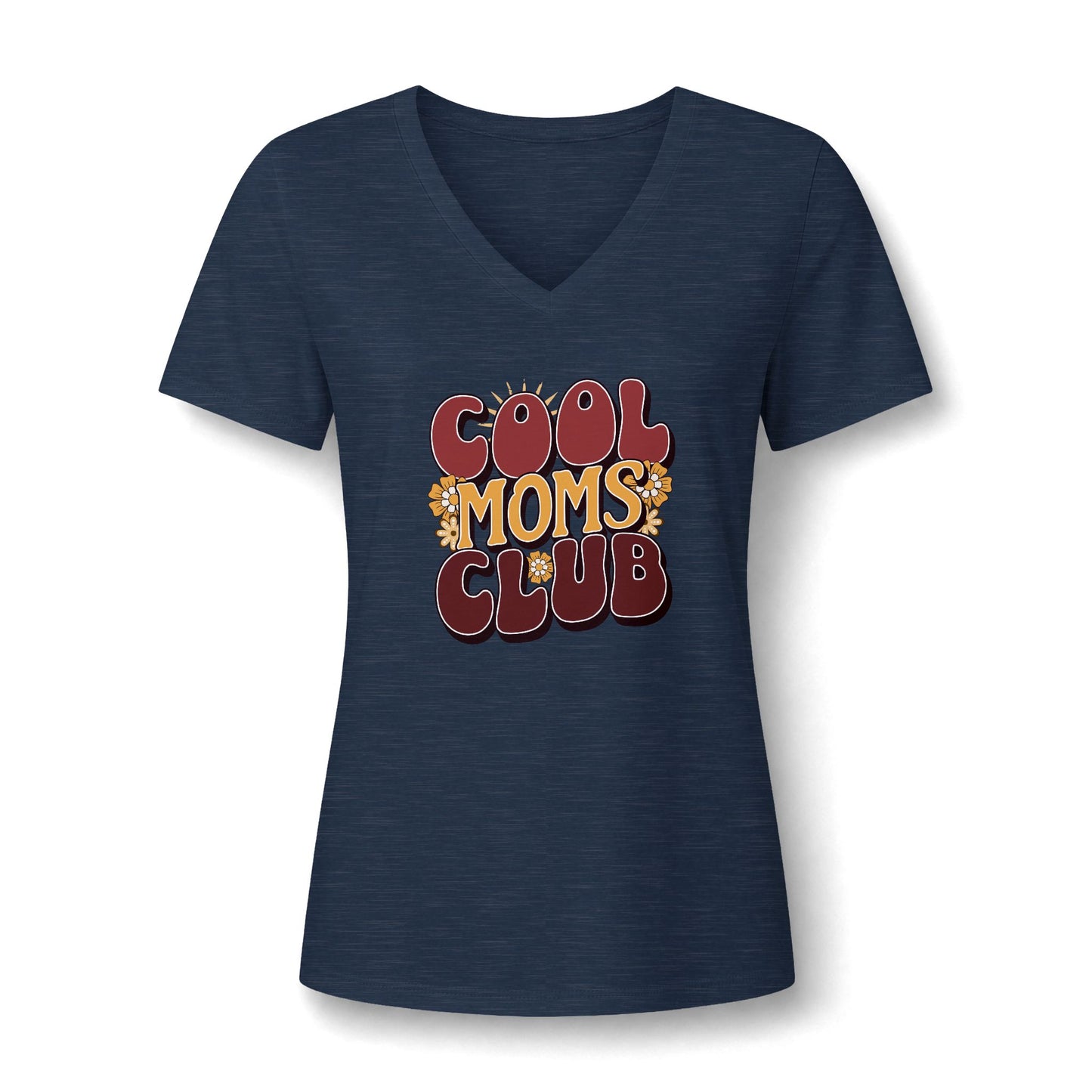 A navy blue women's V-neck t-shirt with a retro-style graphic on the chest reading 'COOL MOMS CLUB' in red and yellow with small floral details, displayed on a clean white background.