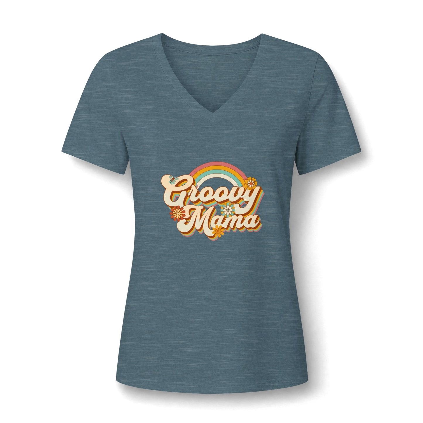 A women's heathered slate blue V-neck t-shirt featuring a retro-style 'Groovy Mama' graphic with a rainbow and sun on the chest, displayed on a clean white background.