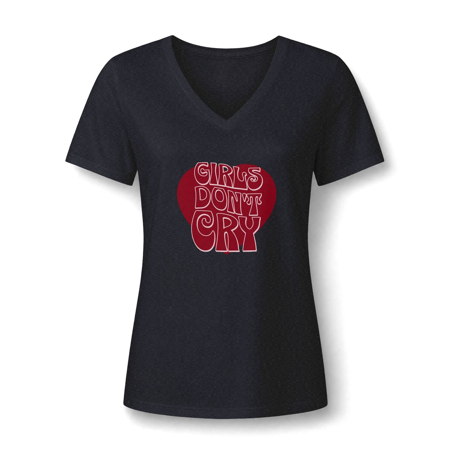 A women's short-sleeve V-neck t-shirt in dark navy blue, featuring a red heart graphic on the chest with the text 'GIRLS DON'T CRY' in a stylized red and white font.