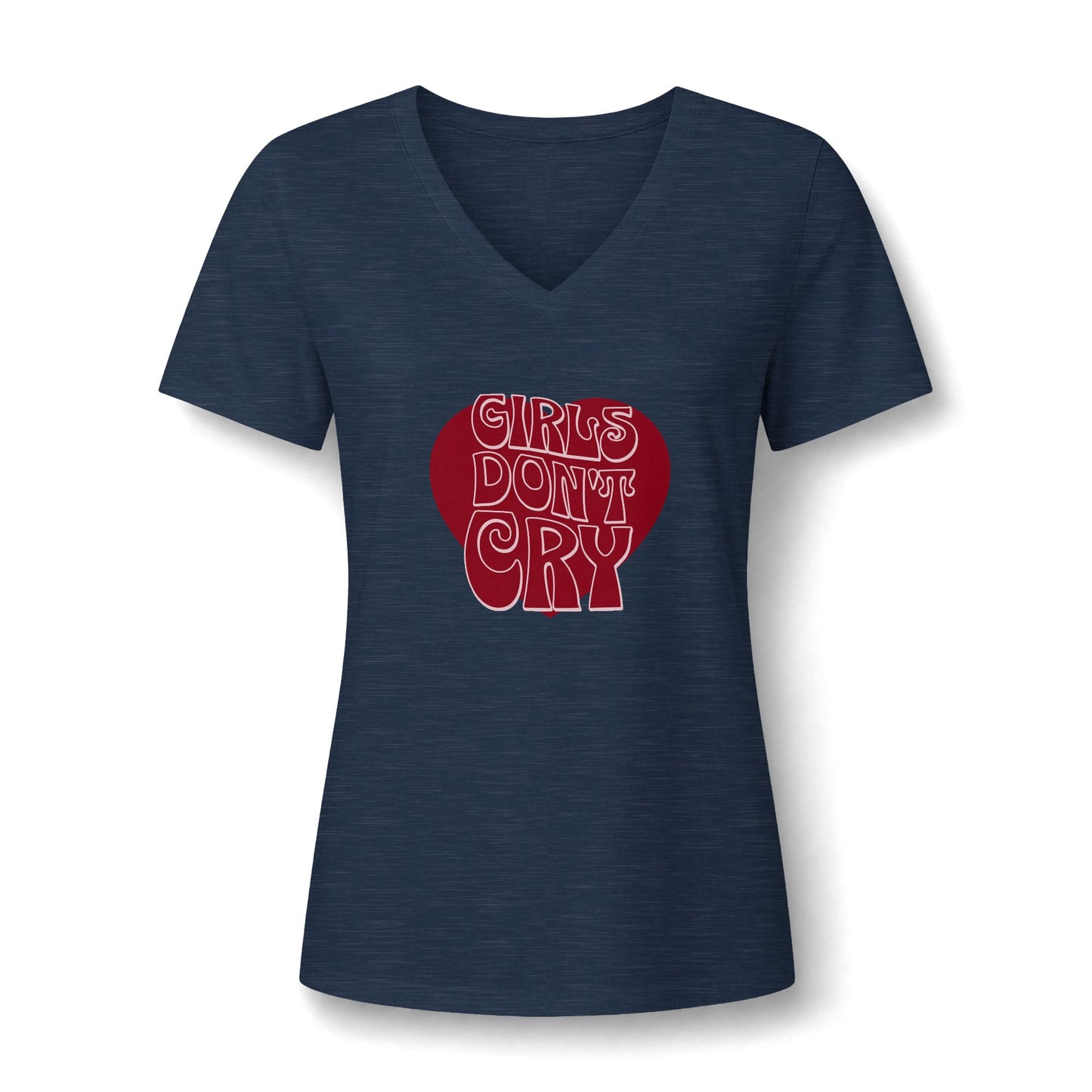 A women's short-sleeve V-neck t-shirt in heathered navy blue, featuring a red heart graphic on the chest with the text 'GIRLS DON'T CRY' in white bubble letters.