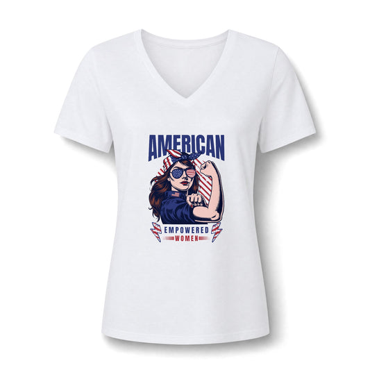 White women's V-neck short-sleeve t-shirt with a patriotic graphic of a raised-arm Rosie the Riveter illustration and the text 'AMERICAN EMPowered WOMEN'.
