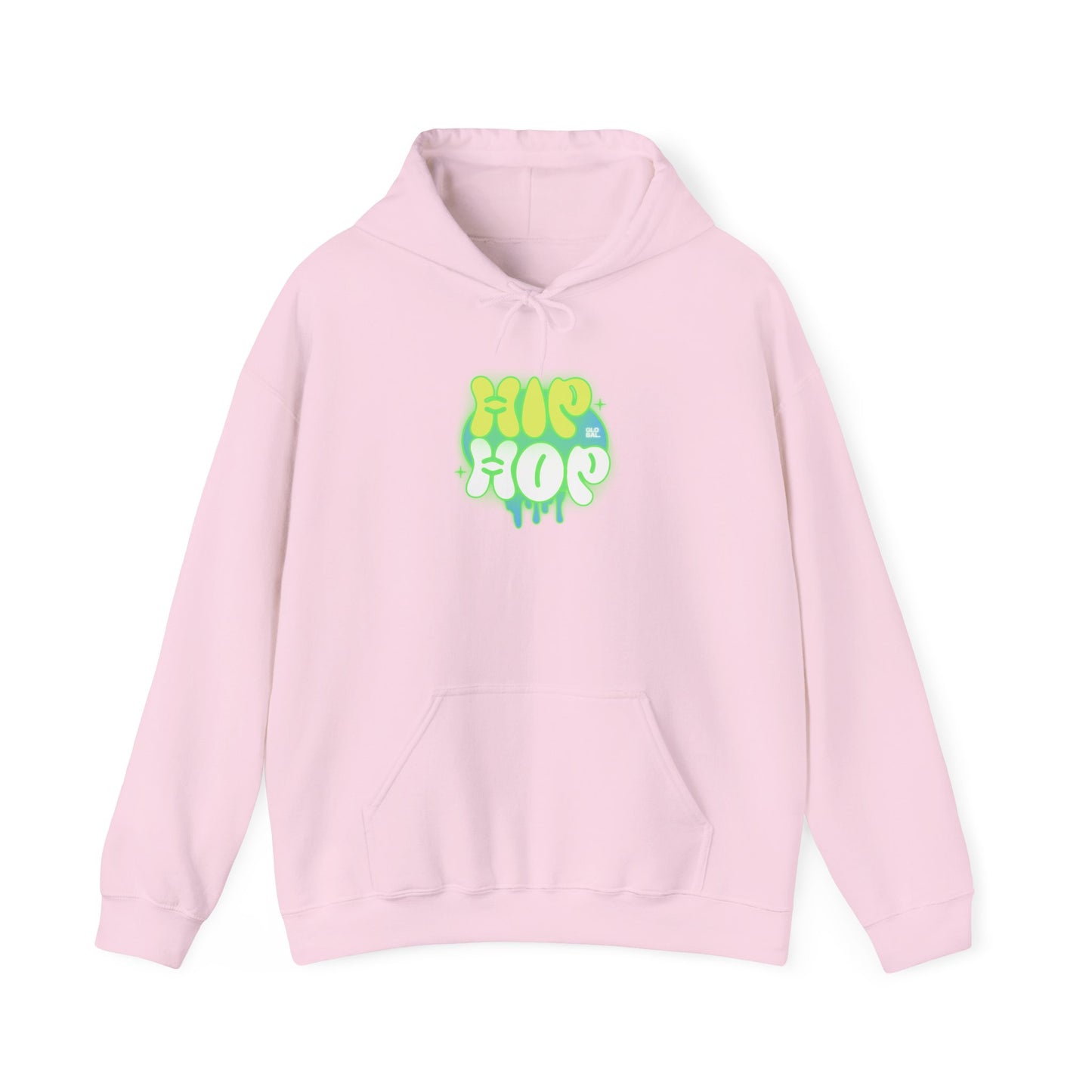 A light pink pullover hoodie with a colorful 'HIP HOP' graphic on the chest in lime green and white, displayed against a solid white background. Artistic Bold Graffiti Hip Hop Hoodie for Urban Fashion Lovers