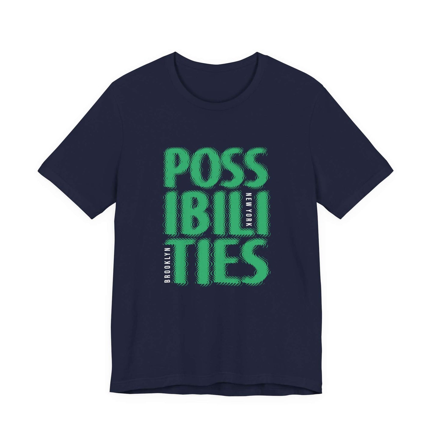 A black short-sleeve t-shirt with a bold green graphic on the front reading 'POSSIBILITIES' with 'NEW YORK' printed vertically in white. Artistic Bold Possibilities New York City Brooklyn T-Shirt Casual Wear