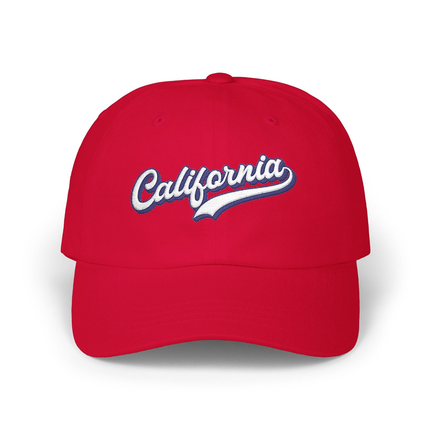 A red baseball cap featuring 'California' embroidered in white script with a blue shadow effect on the front panel, set against a plain white background. Artistic California Typography Embroidered Classic Dad Cap