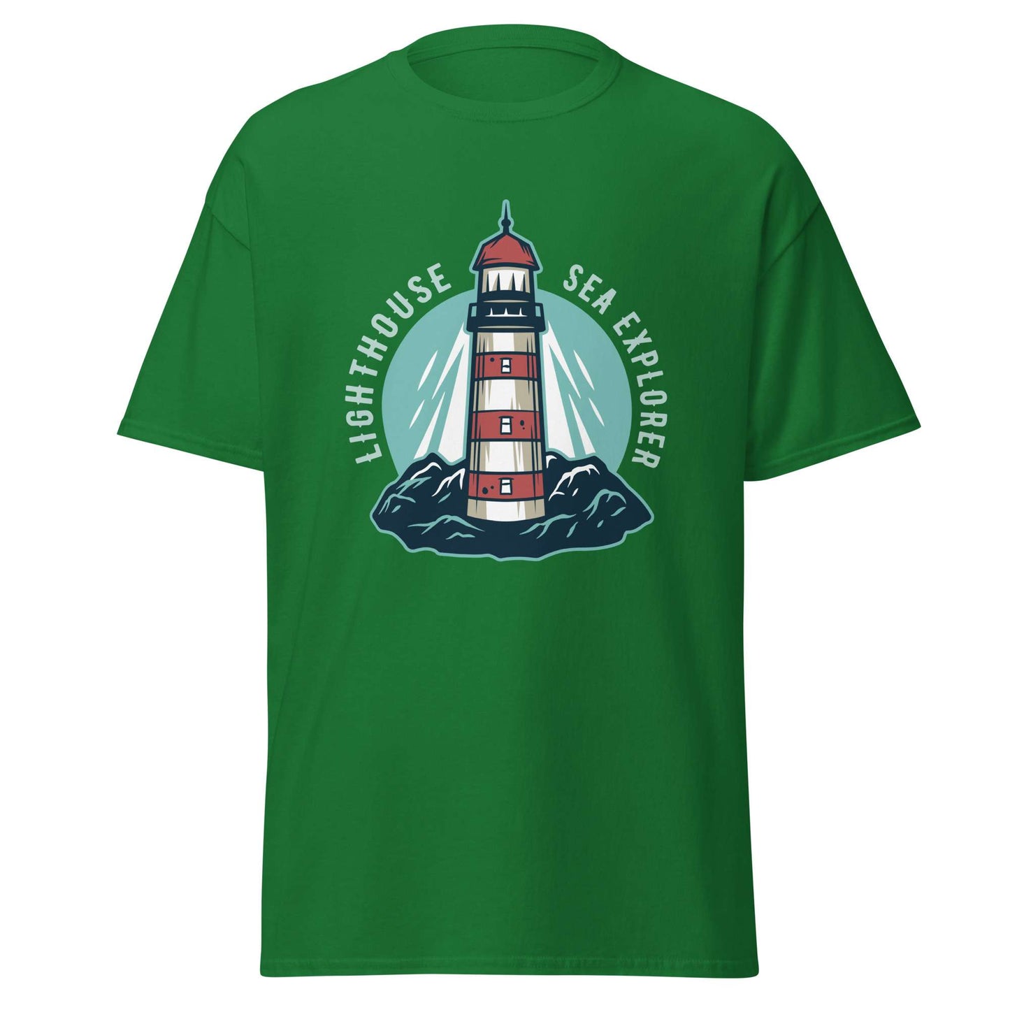 A green short-sleeve crewneck t-shirt featuring a graphic of a red and white striped lighthouse on dark blue rocks, with the words 'LIGHTHOUSE SEA EXPLORER' in white curved text on a light blue circular background. Artistic Marine Lighthouse at Mountain Nautical Sea T-Shirt Casual Wear