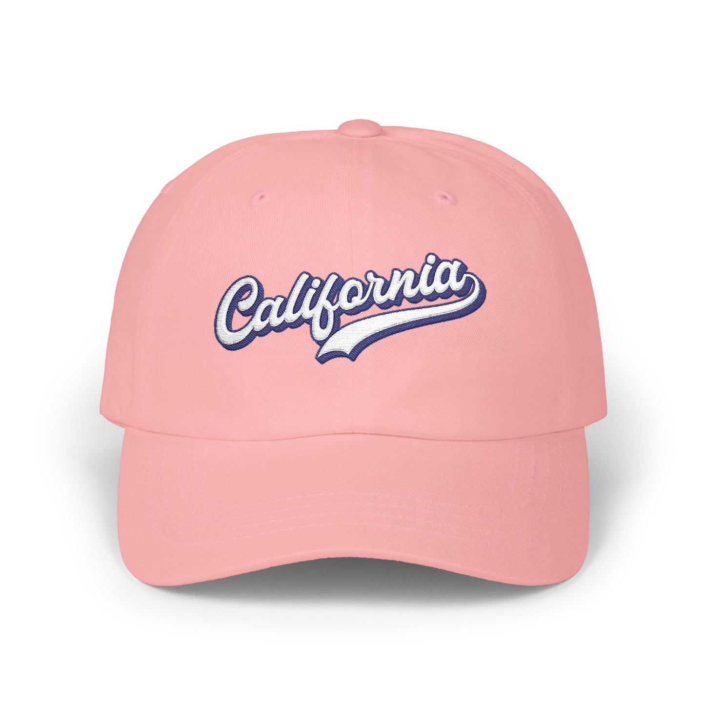 A pink baseball cap featuring the word 'California' embroidered in white script with a blue outline on the front, set against a plain white background. Artistic Stitching California Typography Embroidered Classic Dad Cap