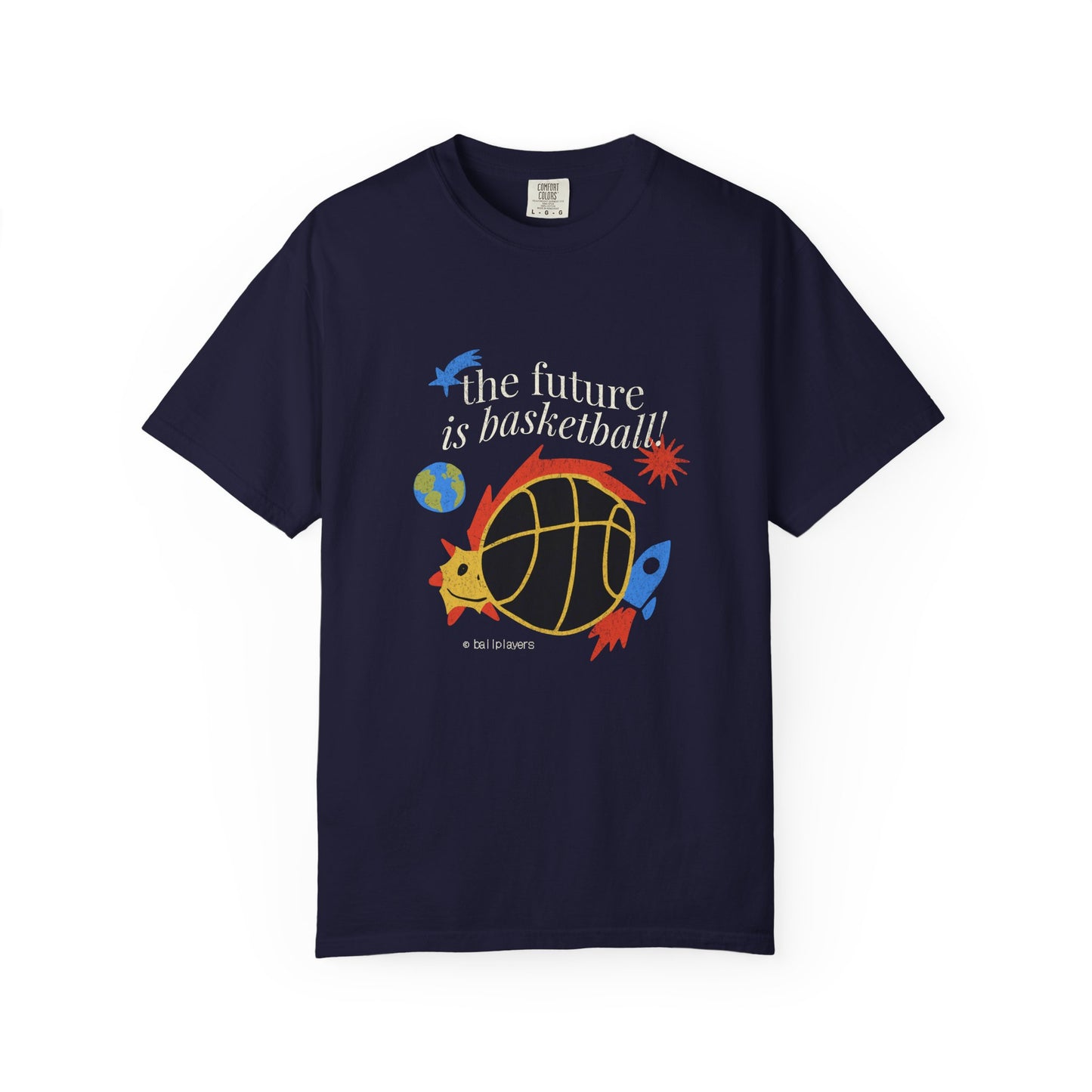 A black short-sleeve crewneck t-shirt featuring a colorful graphic on the front with the text 'the future is basketball!' and an illustration of a basketball, rocket ship, bird, and planet. Basketball and Space Design T-Shirt for Laid-Back Looks