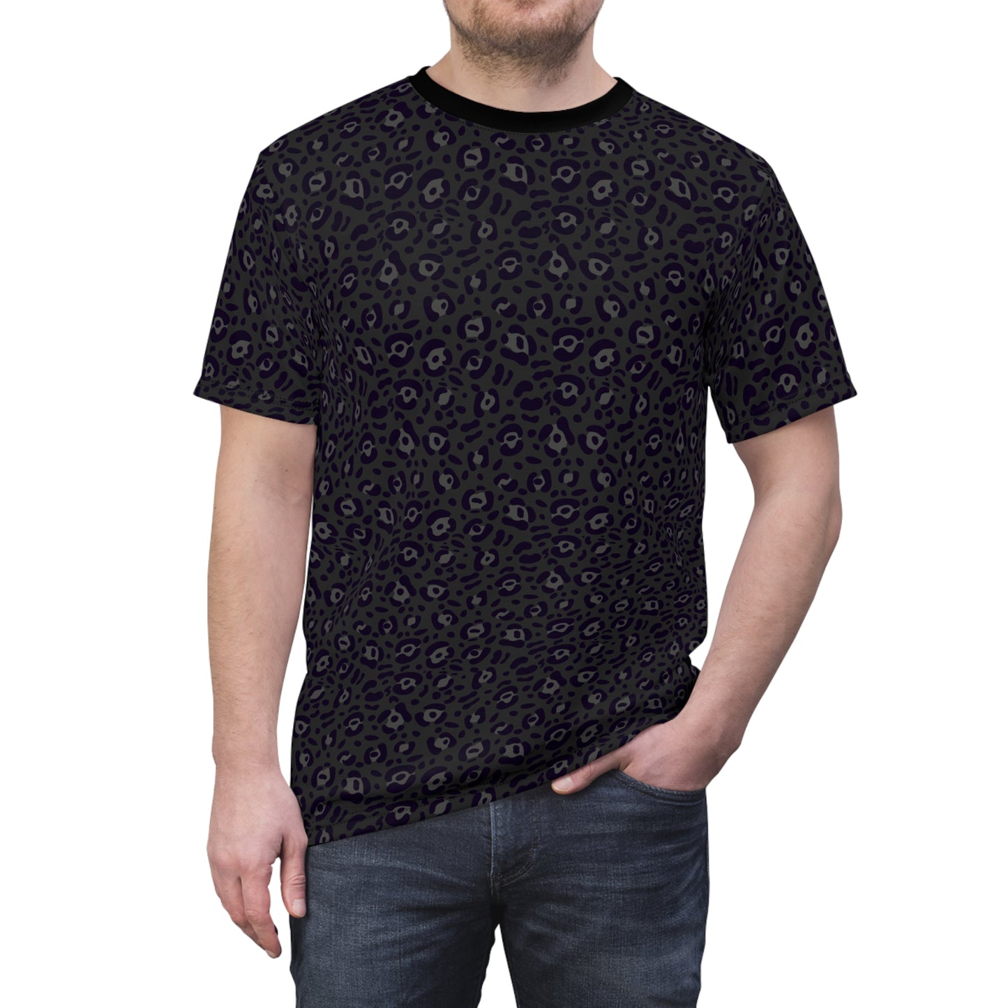 A man wearing a short-sleeve crewneck t-shirt with a dark, subtle leopard print pattern, paired with blue jeans, shown against a plain white background. Beautiful Bold Black Leopard Print T-Shirt for Casual Wear