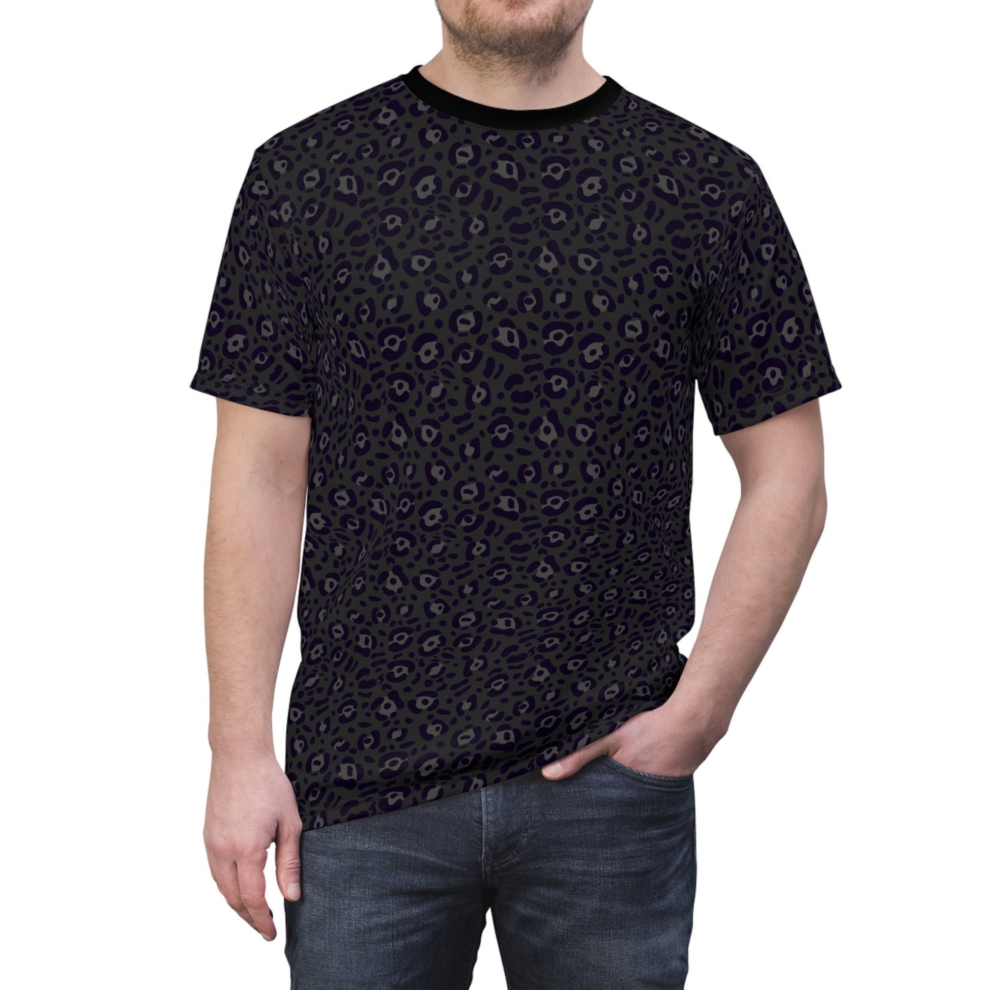 A man wearing a short-sleeve crewneck t-shirt with a dark, subtle leopard print pattern, paired with blue jeans, shown against a plain white background. Beautiful Bold Black Leopard Print T-Shirt for Casual Wear