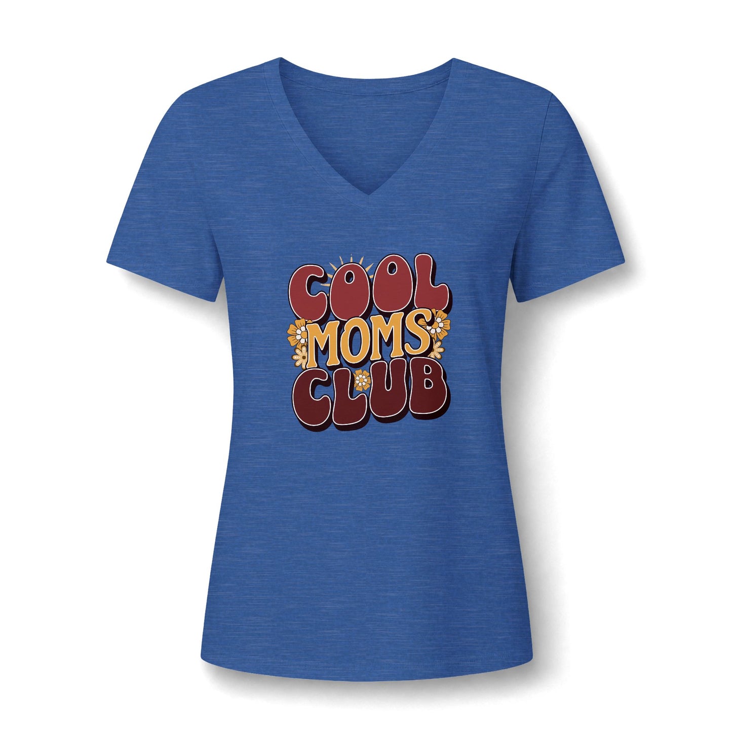 A women's heather blue V-neck t-shirt featuring a retro-style graphic on the chest that reads 'COOL MOMS CLUB' in red, yellow, and white bubble letters with small floral details.