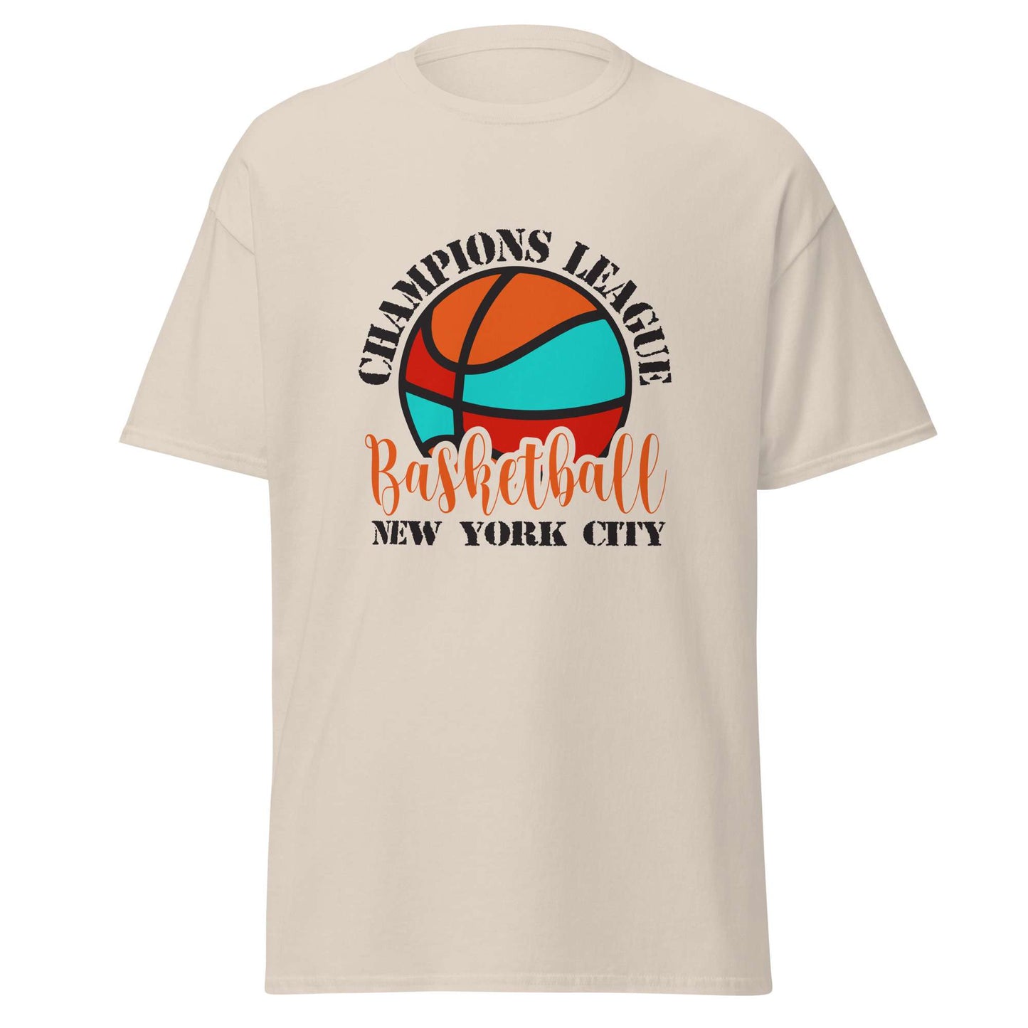 A beige short-sleeve t-shirt with a colorful graphic on the front featuring a basketball and the text 'CHAMPIONS LEAGUE Basketball NEW YORK CITY'. Best Comfortable Champions League Basketball New York City T-Shirt for Casual Wear