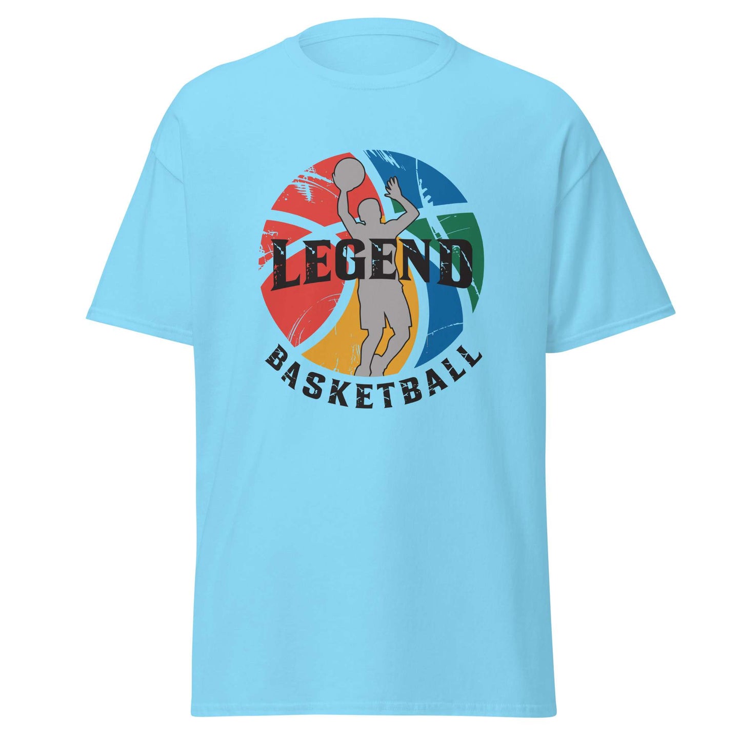 A light blue short-sleeve t-shirt with a colorful graphic on the chest featuring a basketball player silhouette, a distressed basketball, and the text 'LEGEND BASKETBALL'. Best Comfortable Legend Basketball Graphic T-Shirt Casual Outfits