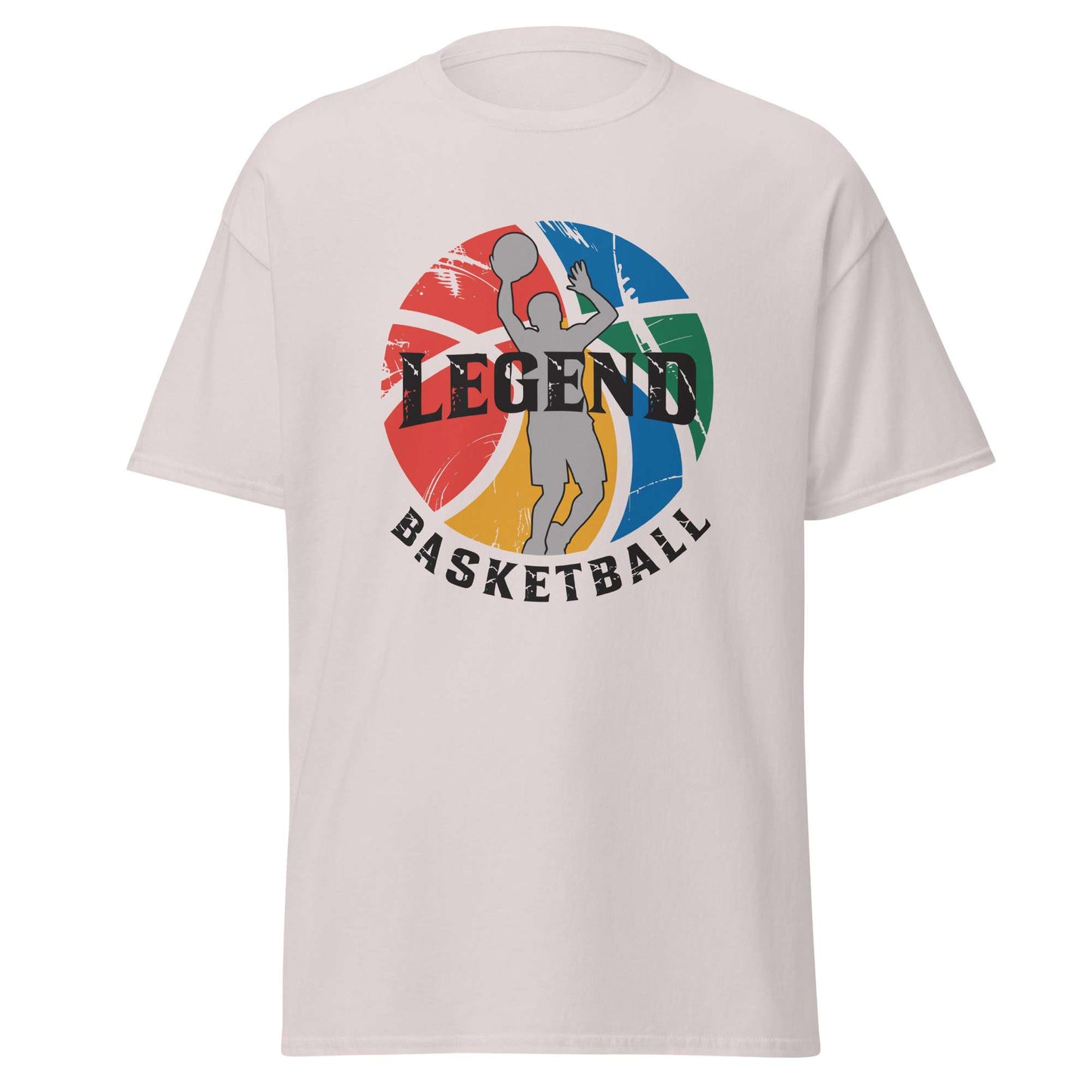 A light beige crewneck t-shirt featuring a colorful graphic on the chest with a basketball player silhouette, a distressed multicolor basketball, and the text 'LEGEND BASKETBALL'. Best Comfortable Legend Basketball Graphic T-Shirt for Casual Outfits