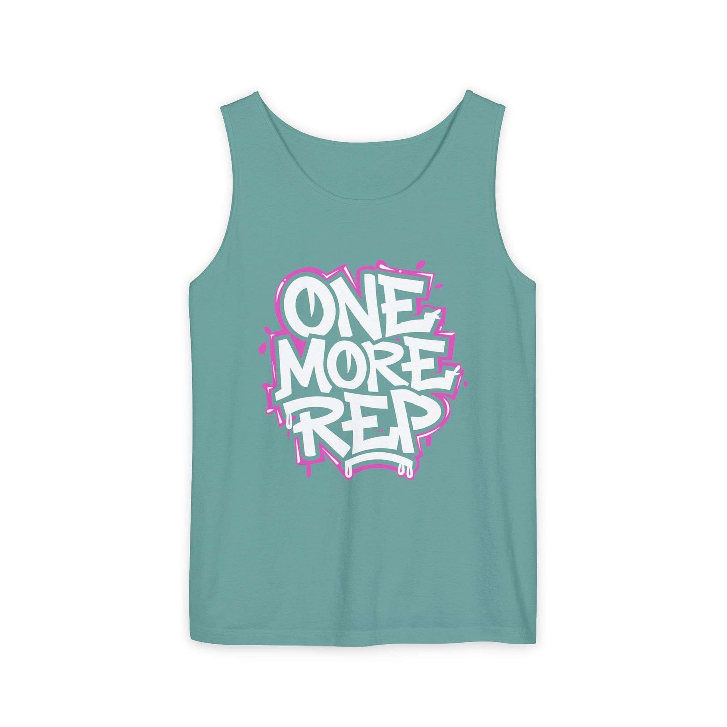 A sleeveless tank top in a muted teal-green color, featuring a large graphic on the chest with the text 'ONE MORE REP' in white bubble letters outlined in pink, displayed against a solid white background. Best Fitness Motivational Graffiti Typography Tank Top Casual Wear