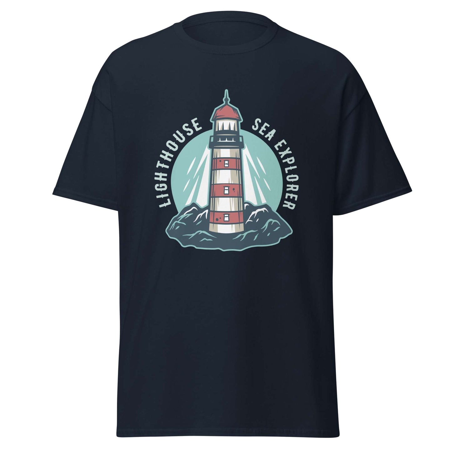 A navy blue short-sleeve t-shirt with a circular graphic on the chest featuring a lighthouse, waves, and the text 'LIGHTHOUSE SEA EXPLORER' in white. Best Marine Lighthouse at Mountain Nautical Sea T-Shirt Casual Wear