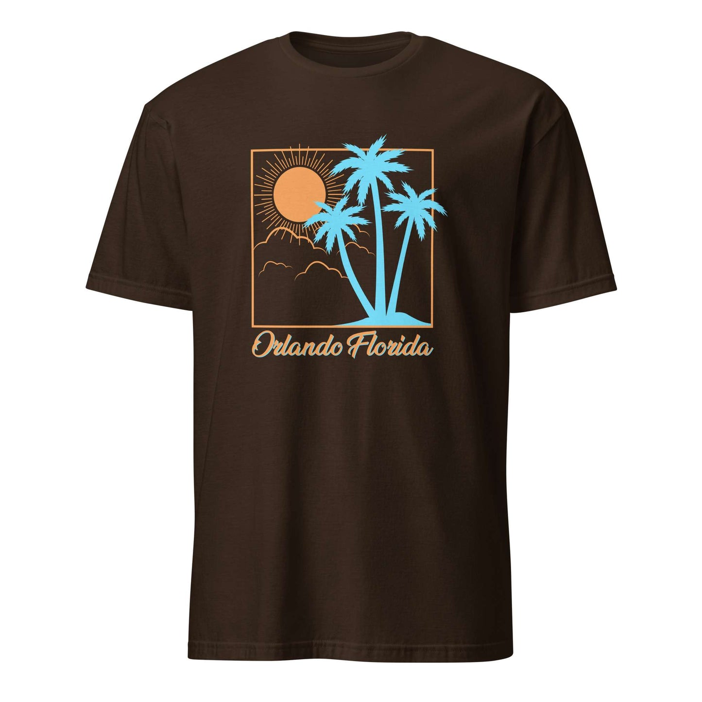 A dark brown short-sleeve crewneck t-shirt featuring a retro-style graphic of palm trees, a sun, and the text 'Orlando Florida' on the front. Best Orlando Florida Summer Sun Beach Graphic T-Shirt Casual Wear