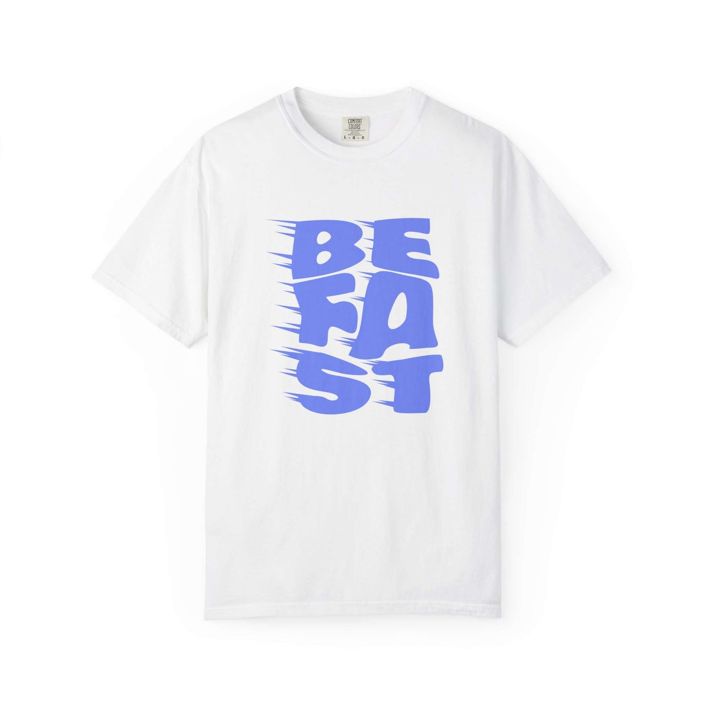 A white short-sleeve crewneck t-shirt featuring a bold blue graphic print on the front that reads 'BE FAST' in a stylized, motion-blurred font. Bold Be Fast Typography Lettering Graphic T-Shirt Casual Wear