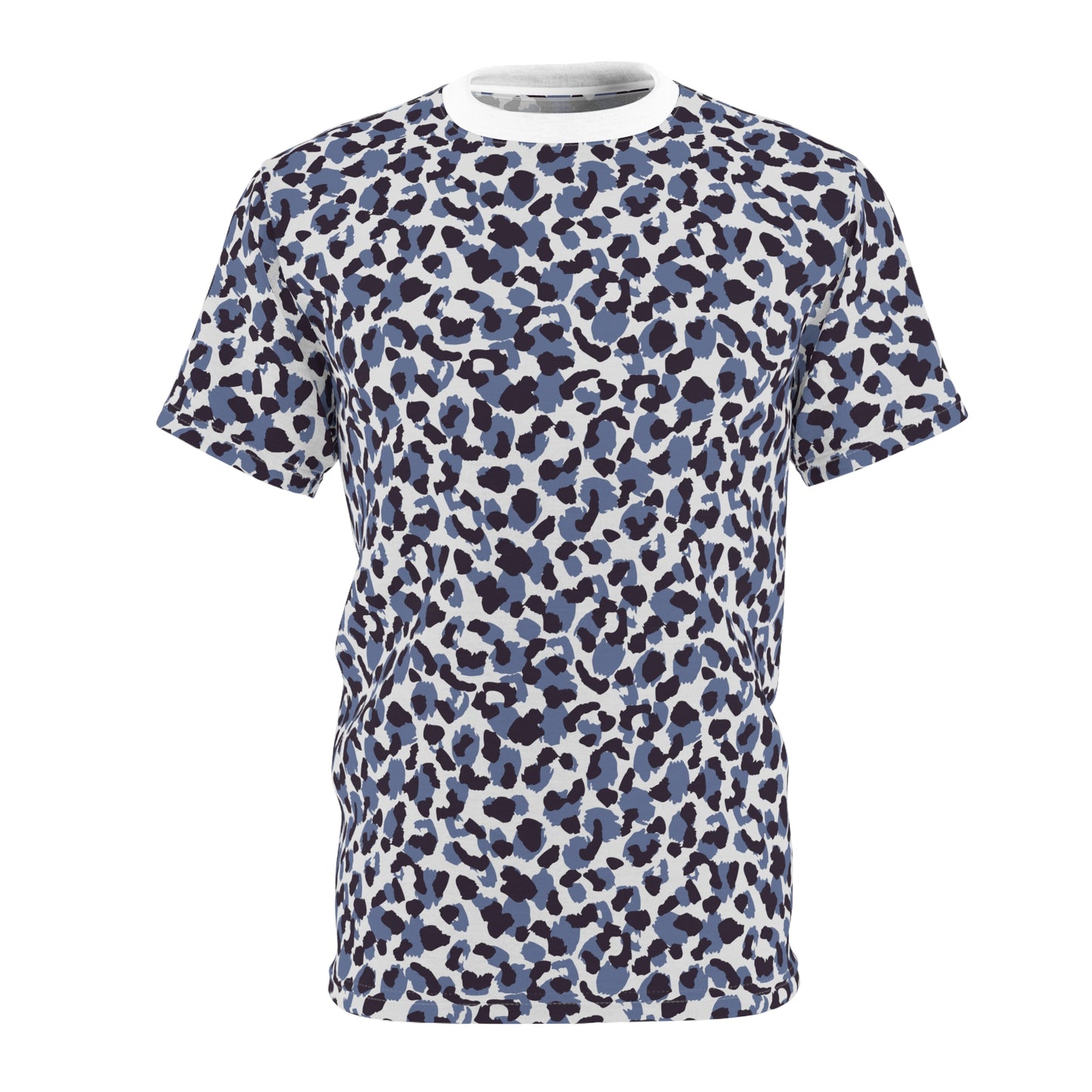 A short-sleeve crewneck t-shirt featuring an all-over abstract leopard print pattern in shades of blue, navy, and black on a white background. Bold Blue Leopard Print T-Shirt for Casual Wear