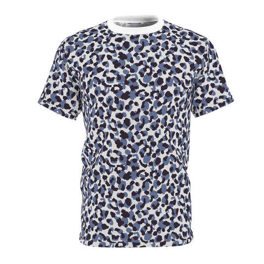A short-sleeve crewneck t-shirt featuring an all-over abstract leopard print pattern in shades of blue, navy, and black on a white background. Bold Blue Leopard Print T-Shirt for Casual Wear
