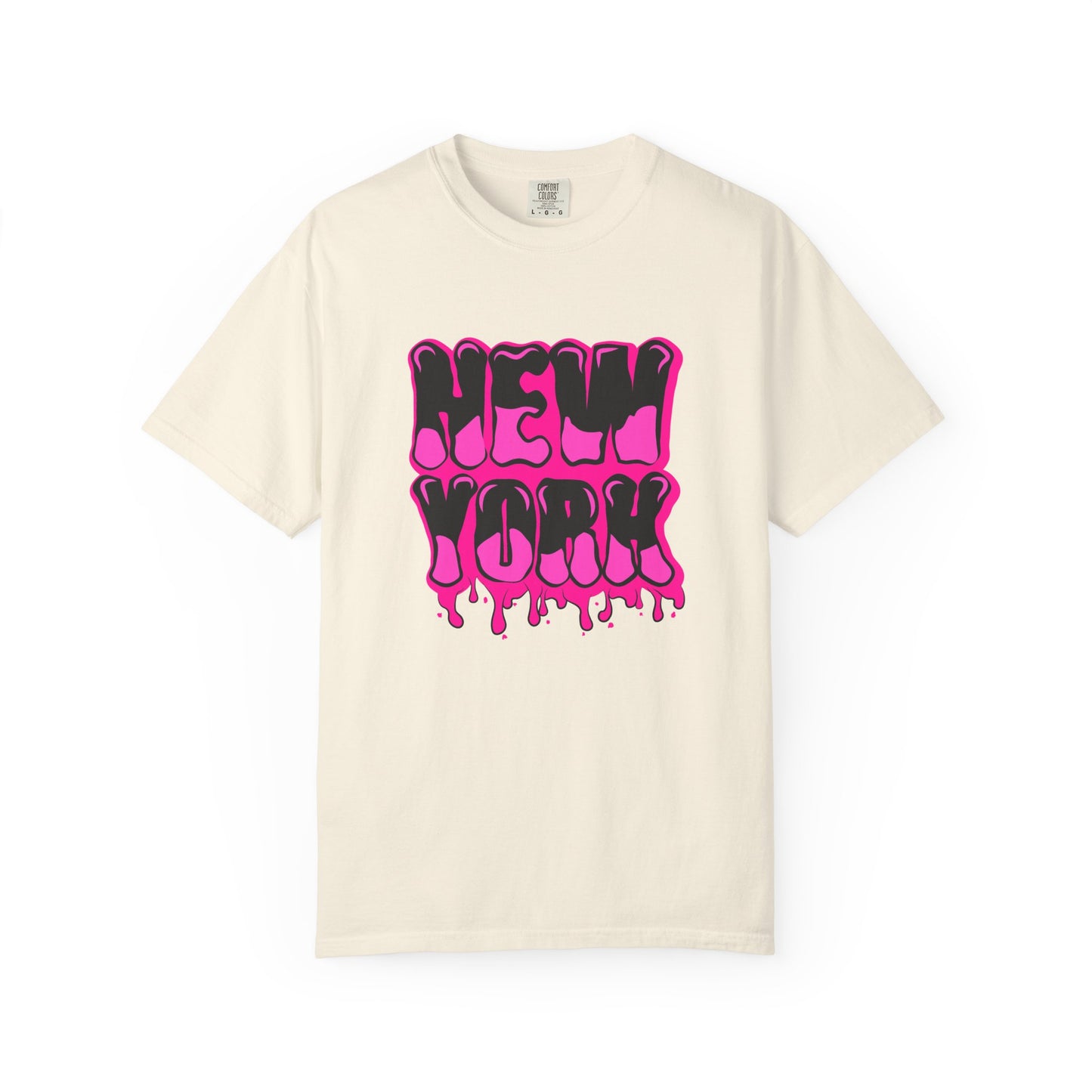 An off-white short-sleeve t-shirt with a vibrant pink and black dripping 'NEW YORK' graphic printed on the chest, displayed against a clean white background. Bold Graffiti Lettering New York Typography T-Shirt Casual Wear