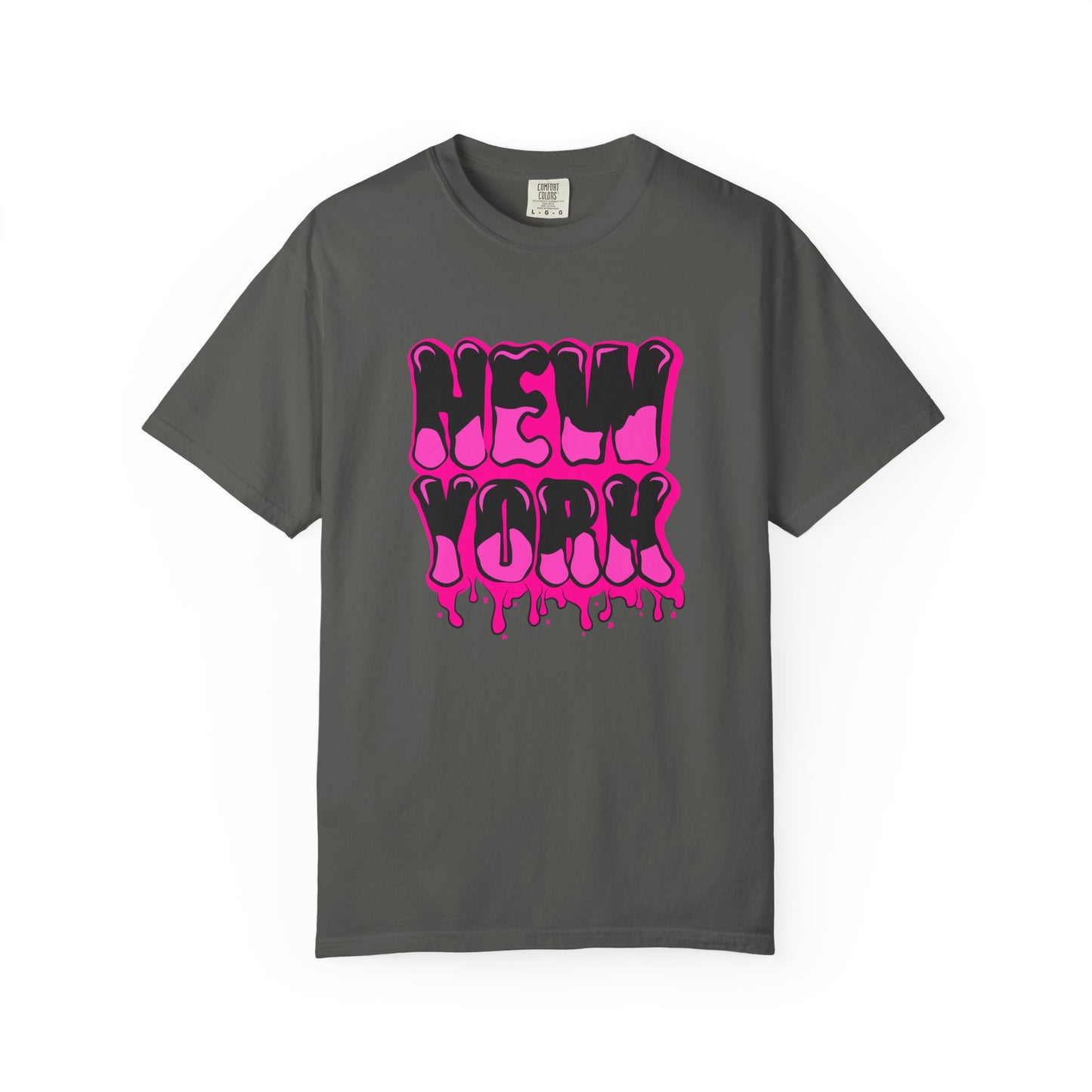 A dark gray crewneck t-shirt featuring a vibrant pink and black dripping 'NEW YORK' graphic on the front, displayed against a clean white background. Bold Graffiti Lettering New York Typography T-Shirt for Casual Wear