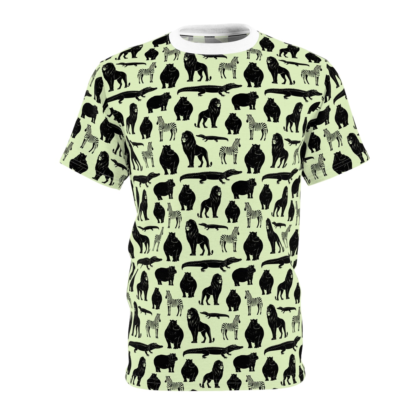 A short-sleeve crewneck t-shirt featuring an all-over repeating pattern of black animal silhouettes, including lions, zebras, giraffes, and crocodiles, on a pale mint green background. Bold Jungle Safari Animal Pattern T-Shirt for Casual Wear