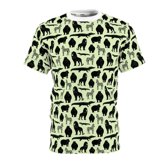 A short-sleeve crewneck t-shirt featuring an all-over repeating pattern of black animal silhouettes, including lions, zebras, giraffes, and crocodiles, on a pale mint green background. Bold Jungle Safari Animal Pattern T-Shirt for Casual Wear
