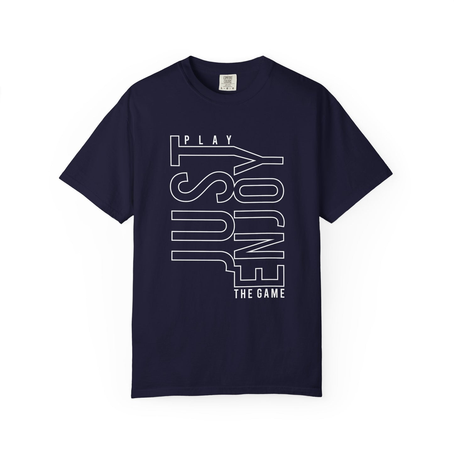 A navy blue short-sleeve t-shirt with a white graphic text print reading 'PLAY ASURE' and 'THE GAME' on the front, displayed against a plain white background. Bold Just Enjoy The Game Typography Lettering T-Shirt Casual Wear