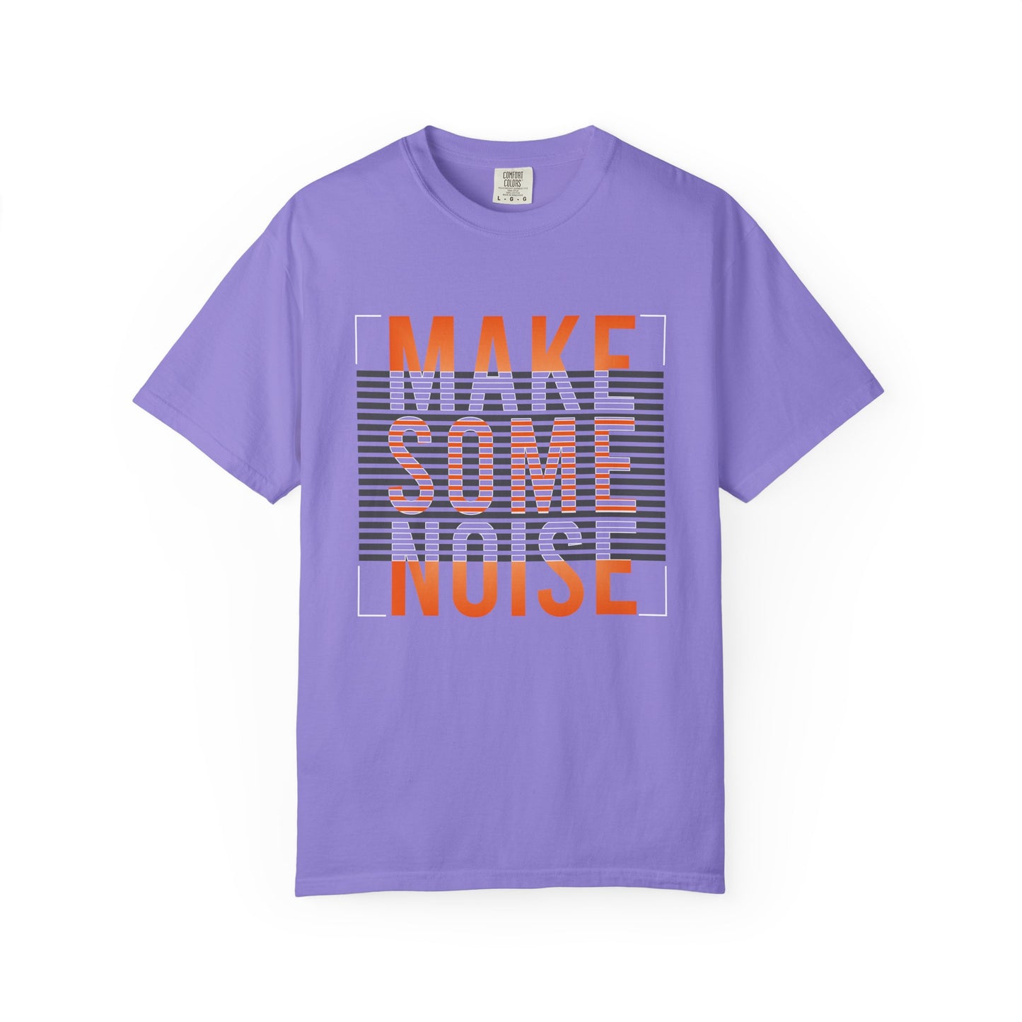 A purple short-sleeve crewneck t-shirt featuring a retro-style graphic on the chest that reads 'MAKE SOME NOISE' in orange and white text over a gray striped background. Bold Make Some Noise Slogan Typography Graphic T-Shirt Casual Wear