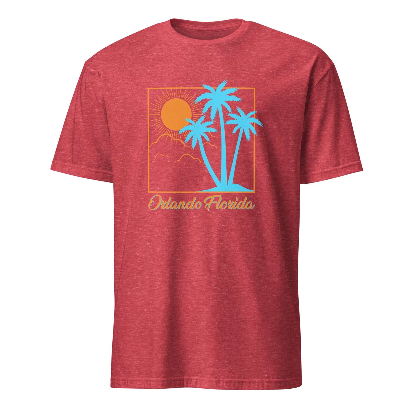 A heather red short-sleeve t-shirt with a retro graphic of palm trees, a sun, and the text 'Orlando Florida' on the front, displayed against a solid white background. Bold Orlando Florida Summer Sun Beach Graphic T-Shirt Casual Wear