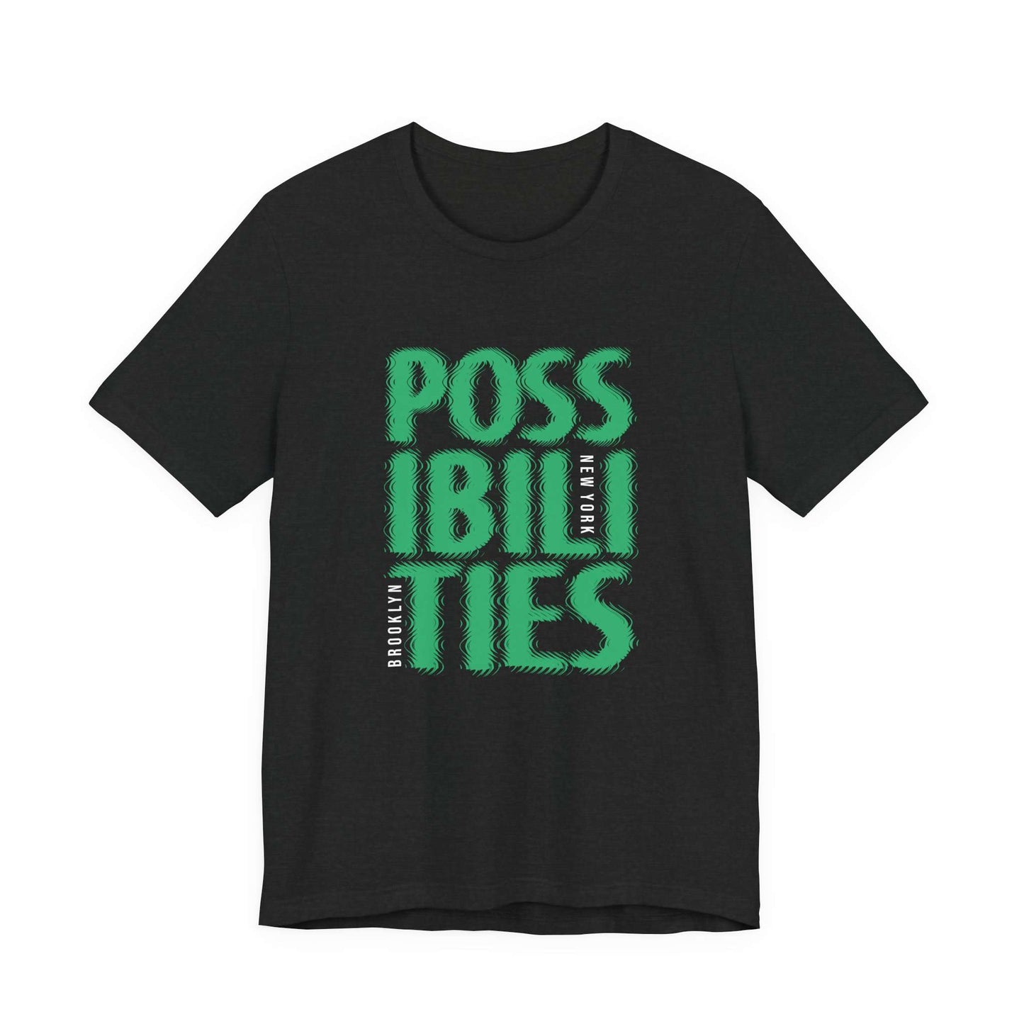 A black short-sleeve t-shirt with a bold green graphic on the front reading 'POSSIBILITIES' with 'NEW YORK' printed vertically in white. Bold Possibilities New York City Brooklyn T-Shirt Casual Wear