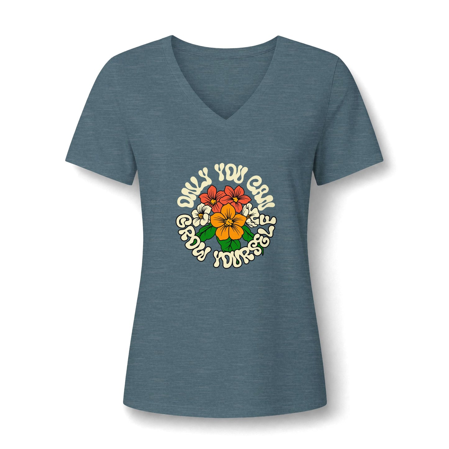 A heather blue V-neck t-shirt with a retro-style circular graphic on the chest featuring plumeria flowers and the text 'ONLY YOU CAN SHOW YOURSELF'.