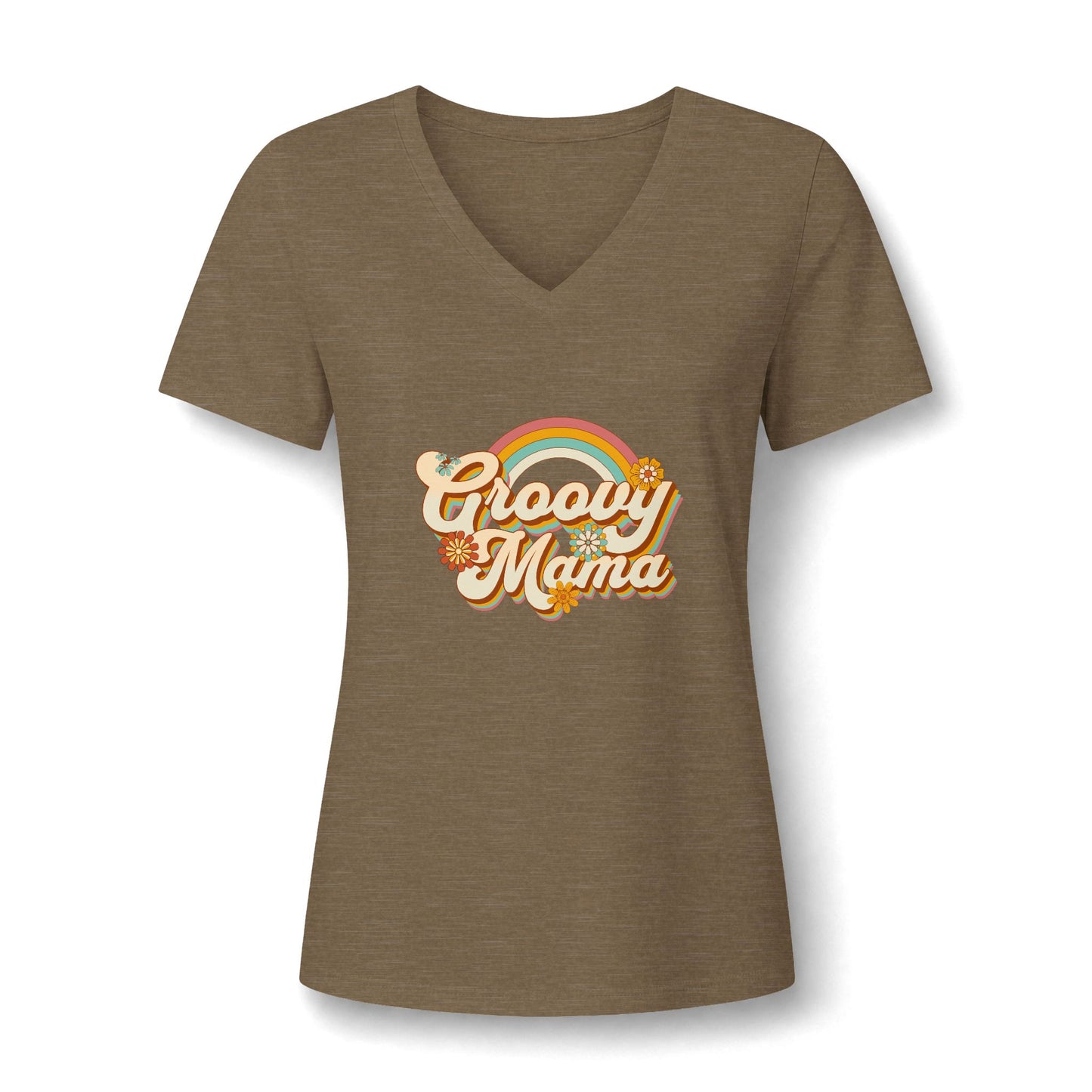 A women's heather brown V-neck t-shirt featuring a retro-style 'Groovy Mama' graphic with a rainbow and flowers on the chest, displayed against a clean white background.