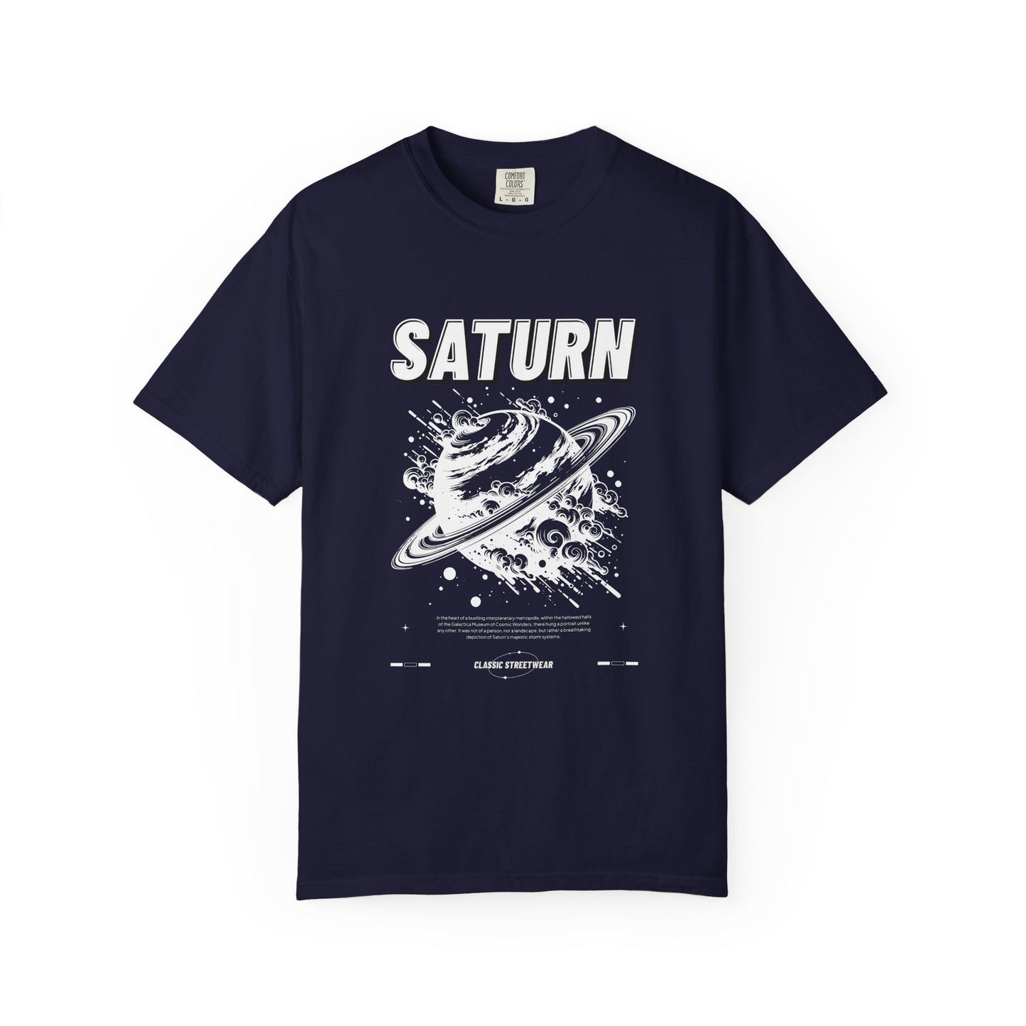 A navy blue short-sleeve t-shirt with a white graphic print of Saturn and the word 'SATURN' on the chest, displayed flat against a white background.