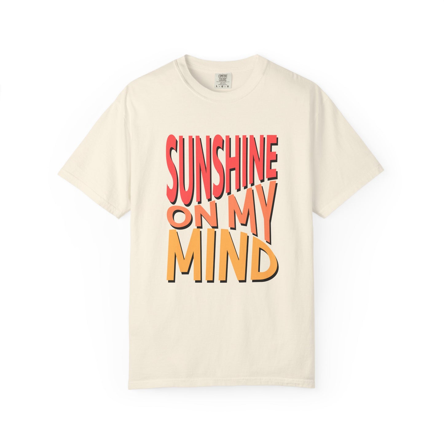 An off-white short-sleeve t-shirt with a retro-style graphic text print reading 'SUNSHINE ON MY MIND' in red, orange, and yellow colors with black outlines, displayed on a clean white background. Bold Sunshine On My Mind Summer Vibes Graphic T-Shirt Casual Wear