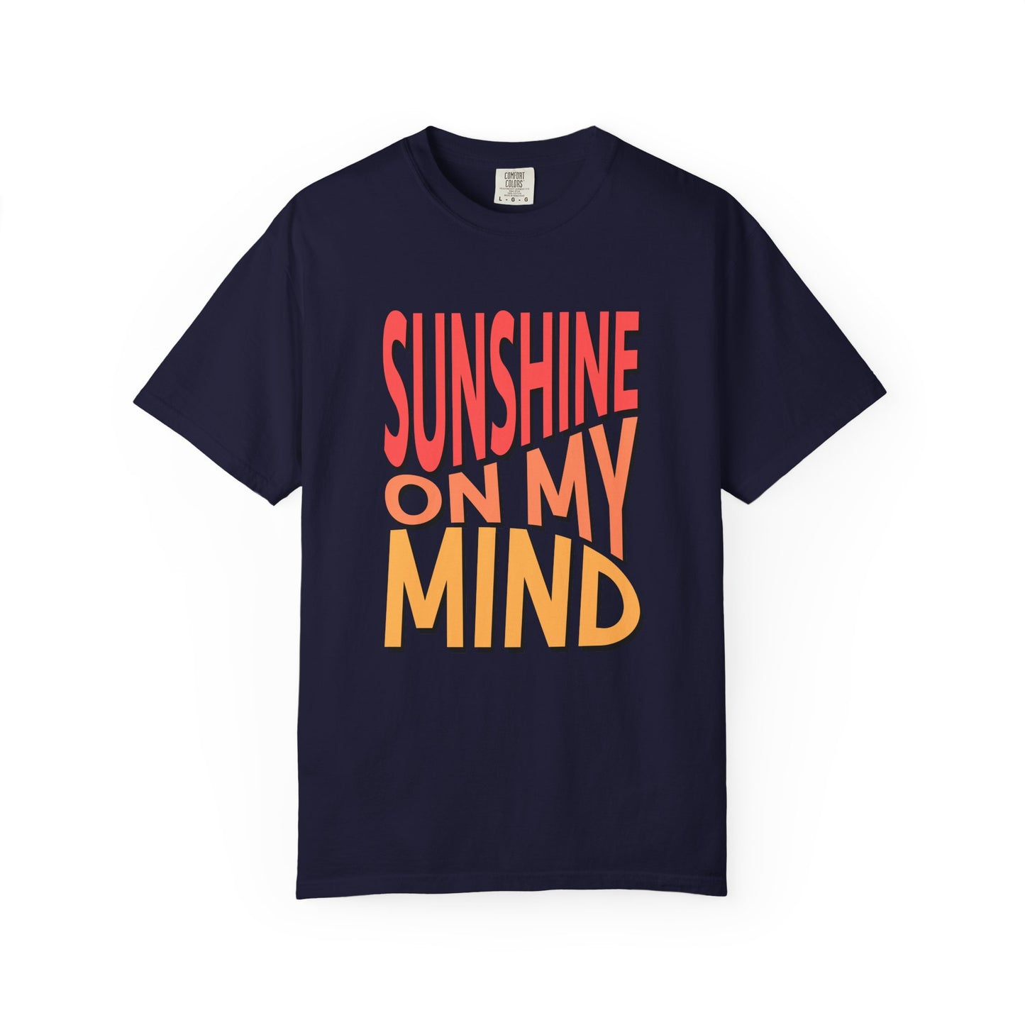 A navy blue short-sleeve t-shirt with a graphic text print reading 'SUNSHINE ON MY MIND' in coral red and yellow-orange lettering, displayed on a clean white background. Bold Sunshine On My Mind Summer Vibes Graphic T-Shirt for Casual Wear