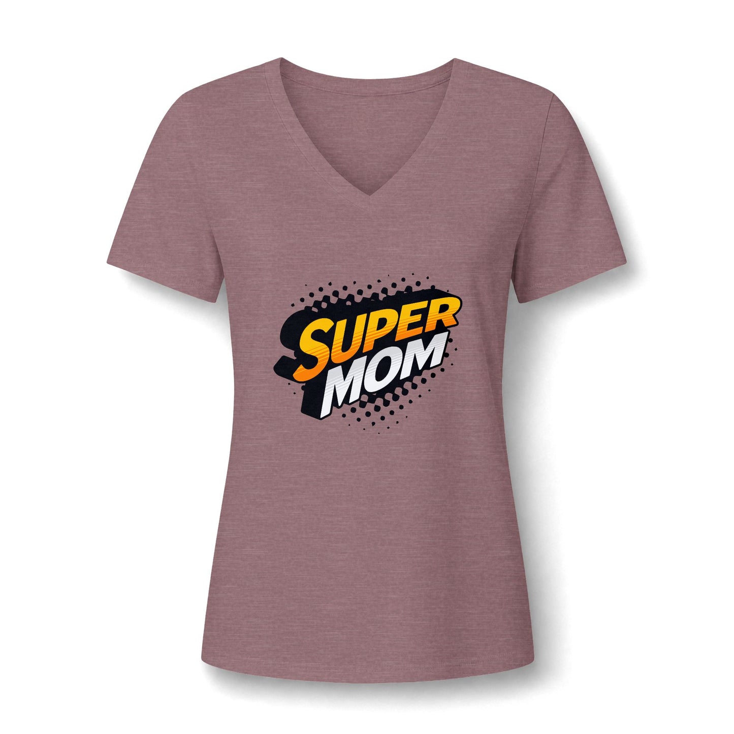 A women's heathered dusty rose V-neck t-shirt featuring a 'SUPER MOM' comic-style graphic on the chest, displayed against a clean white background.