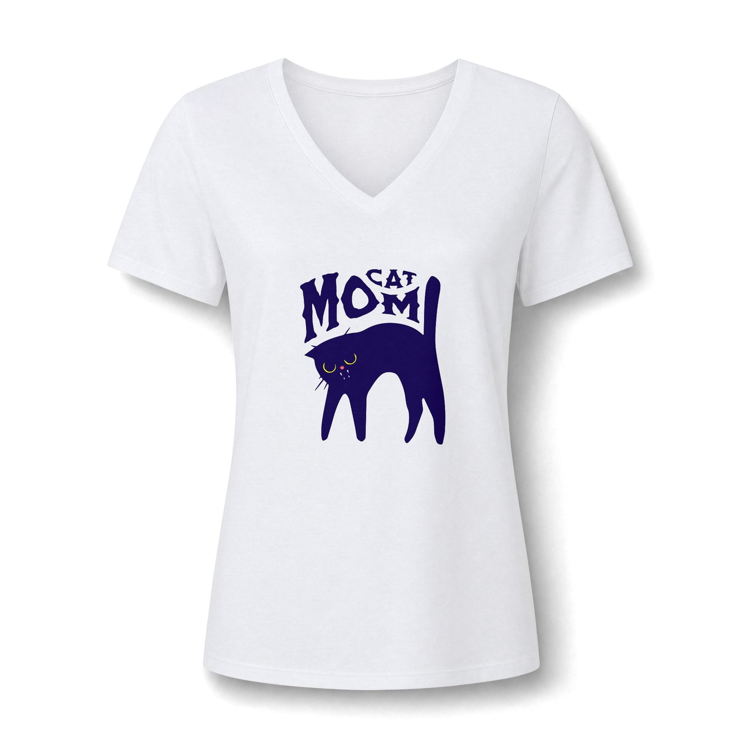 A white women's short-sleeve V-neck T-shirt with a dark purple graphic of a cat silhouette and the words 'CAT MOM' printed on the chest, shown on a plain white background.
