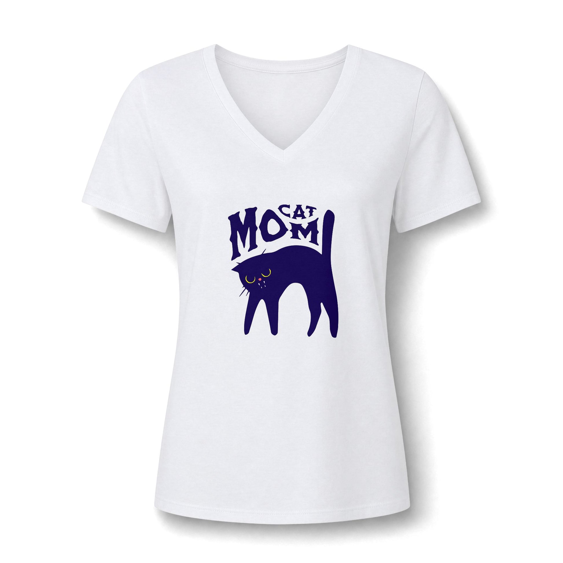 A white women's short-sleeve V-neck T-shirt with a dark purple graphic of a cat silhouette and the words 'CAT MOM' printed on the chest, shown on a plain white background.