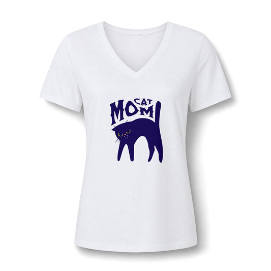 A white women's short-sleeve V-neck T-shirt with a dark purple graphic of a cat silhouette and the words 'CAT MOM' printed on the chest, shown on a plain white background.