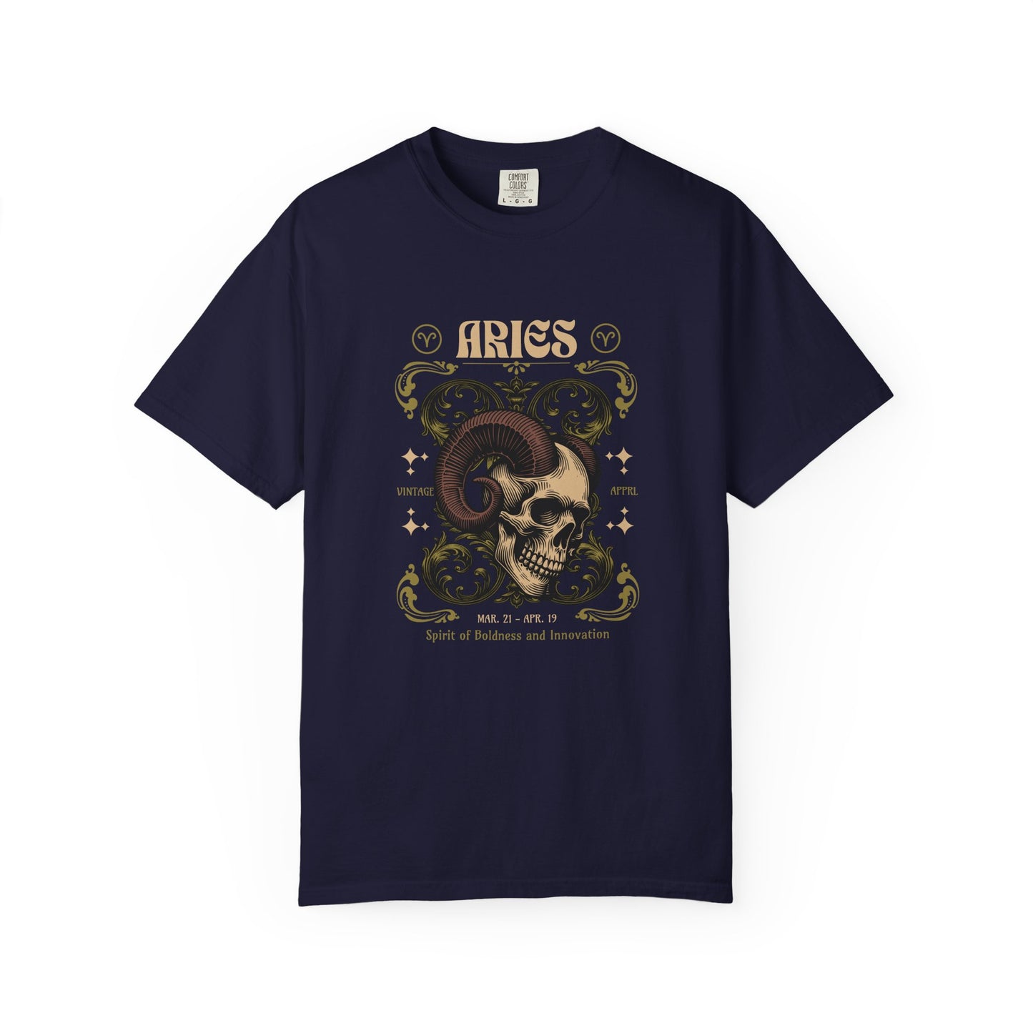 A navy blue short-sleeve t-shirt with a detailed graphic print on the front featuring a ram skull, stars, and the word 'ARIES' in a decorative font.